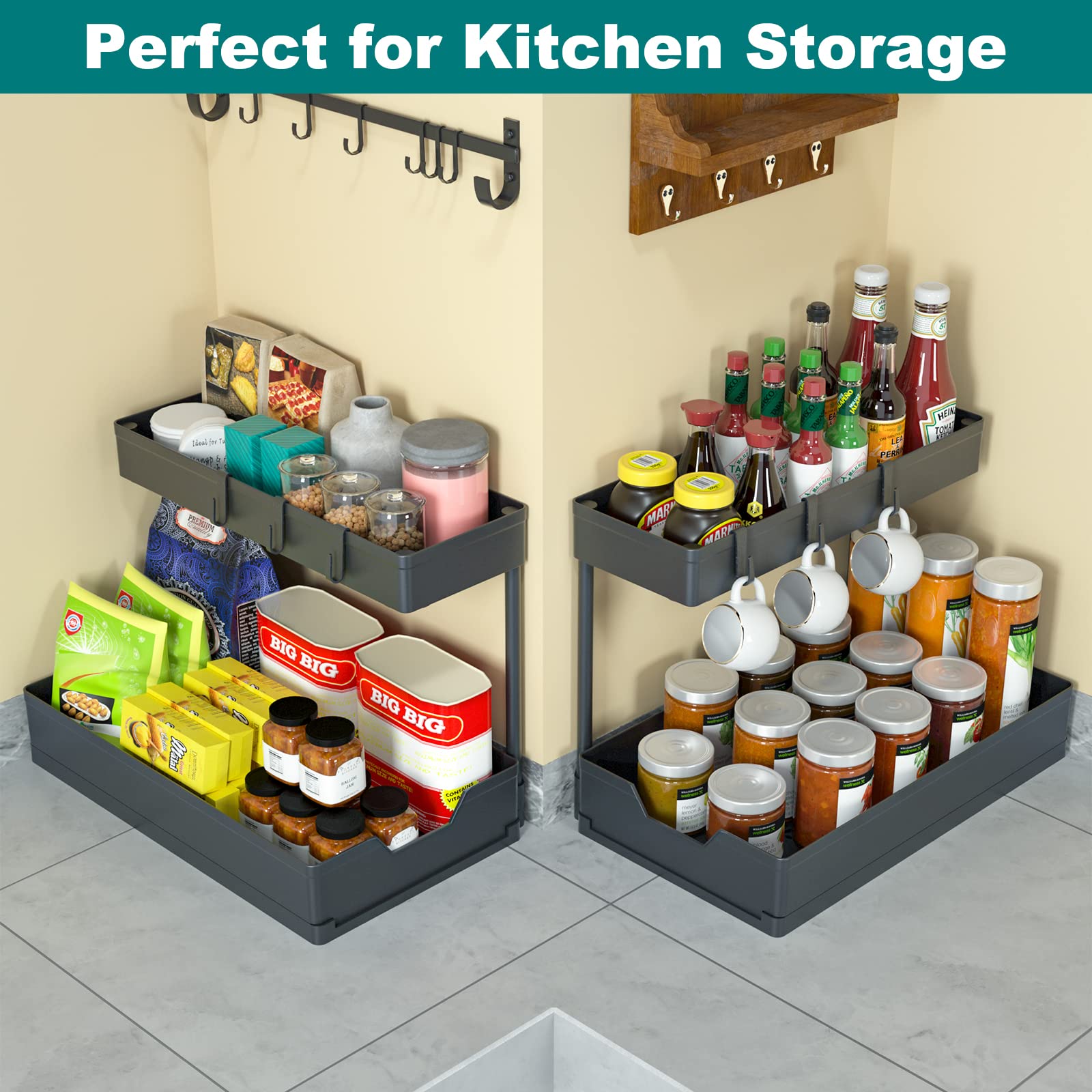 2-Tier Under Sink Organizers, 2 Pack Sliding L-Shape Cabinet Organizers Narrow Space Storage Multi-Purpose Sink Organizer For Ba