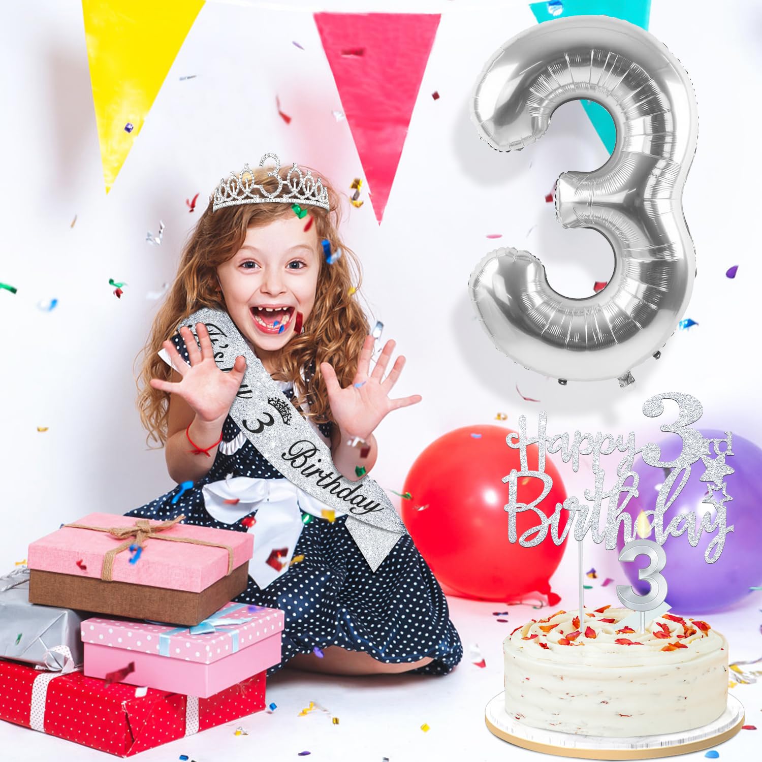 3rd Birthday Decorations for Girls Silver with 3rd Birthday Sash and Tiara, Cake Topper and Candle, Silver Number Balloon, 3 Yea