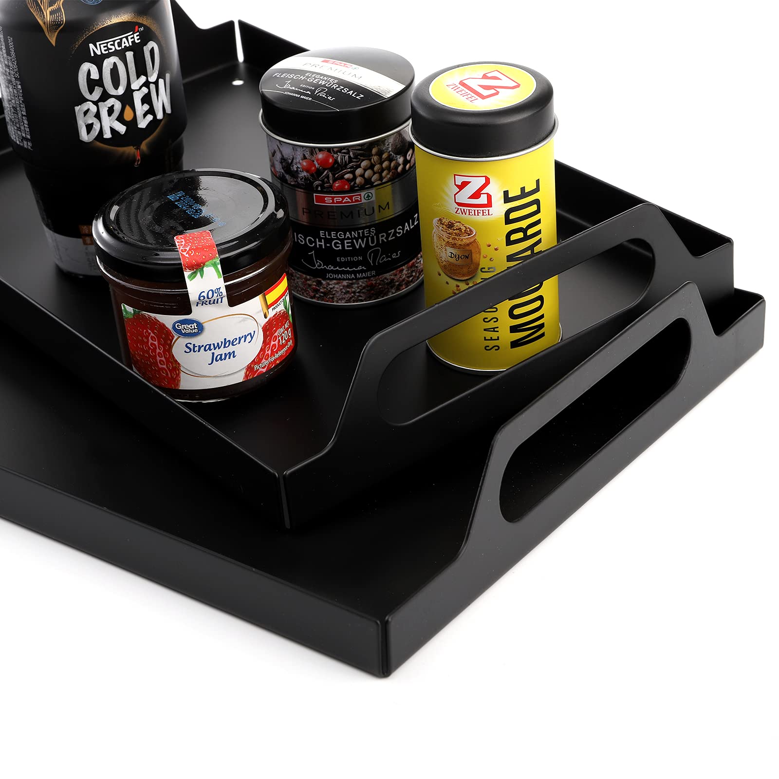 Peohud 2 Pack Black Metal Serving Tray, Decorative Coffee Table Tray With Handles, Vanity Platter Breakfast Tray For Eating, Sto