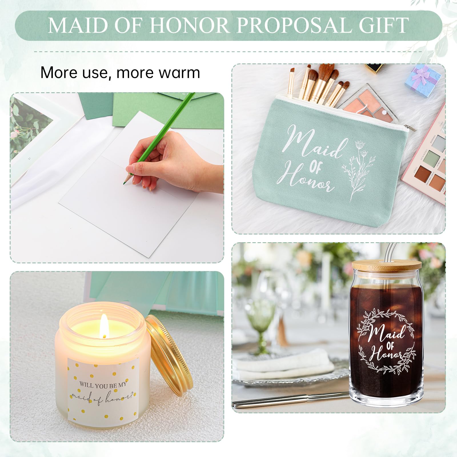 Inbagi Maid of Honor Gifts Box Set of 5 Includes Glass Cup with Lid and Straw Makeup Bag Sage Scented Candle Wedding Invitation