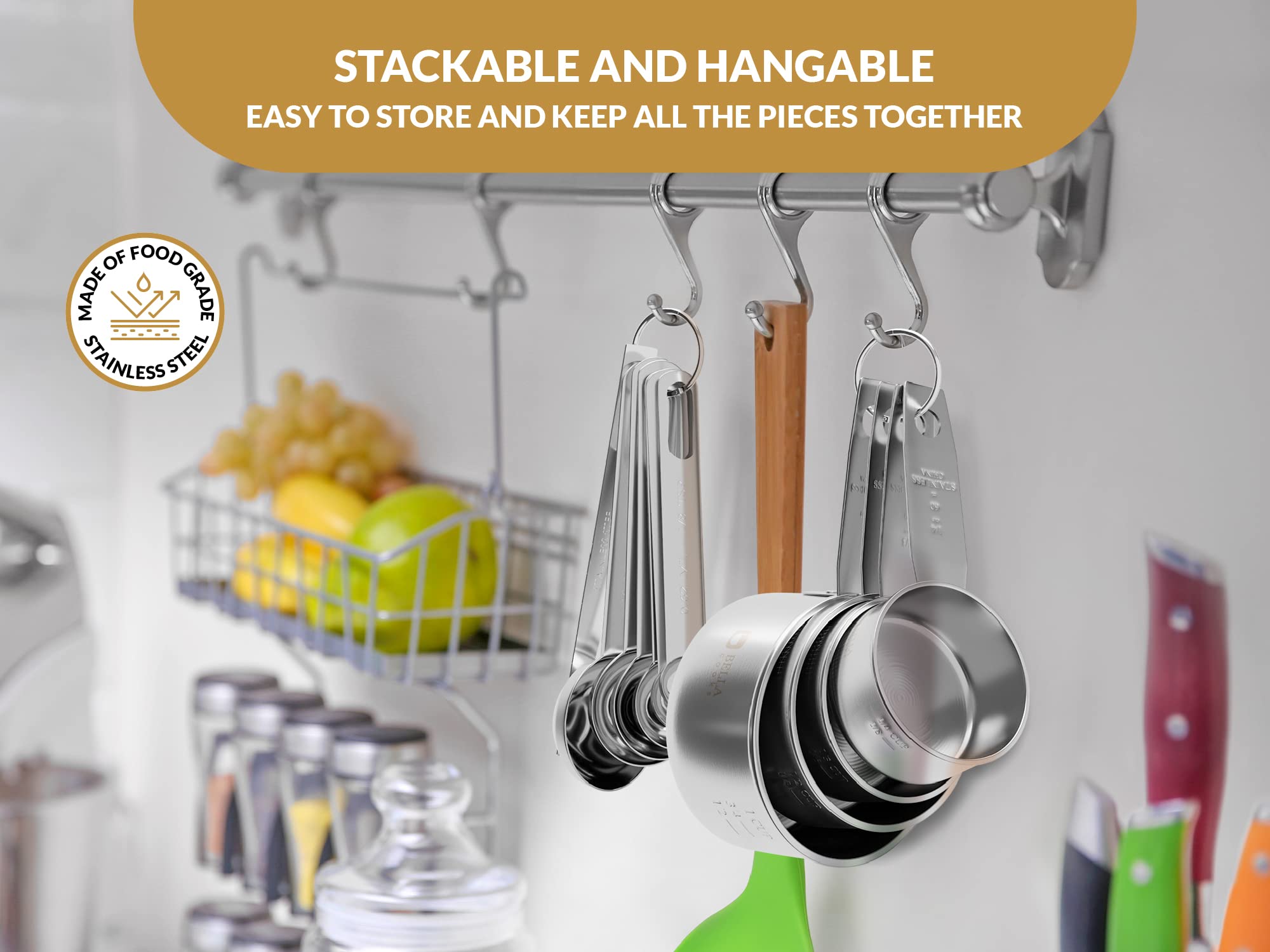 Bella Cooks Measuring Cup Set - Stainless Steel Measuring Spoons And Cups - Stackable And Hangable - Baking Measuring Cups - Wit
