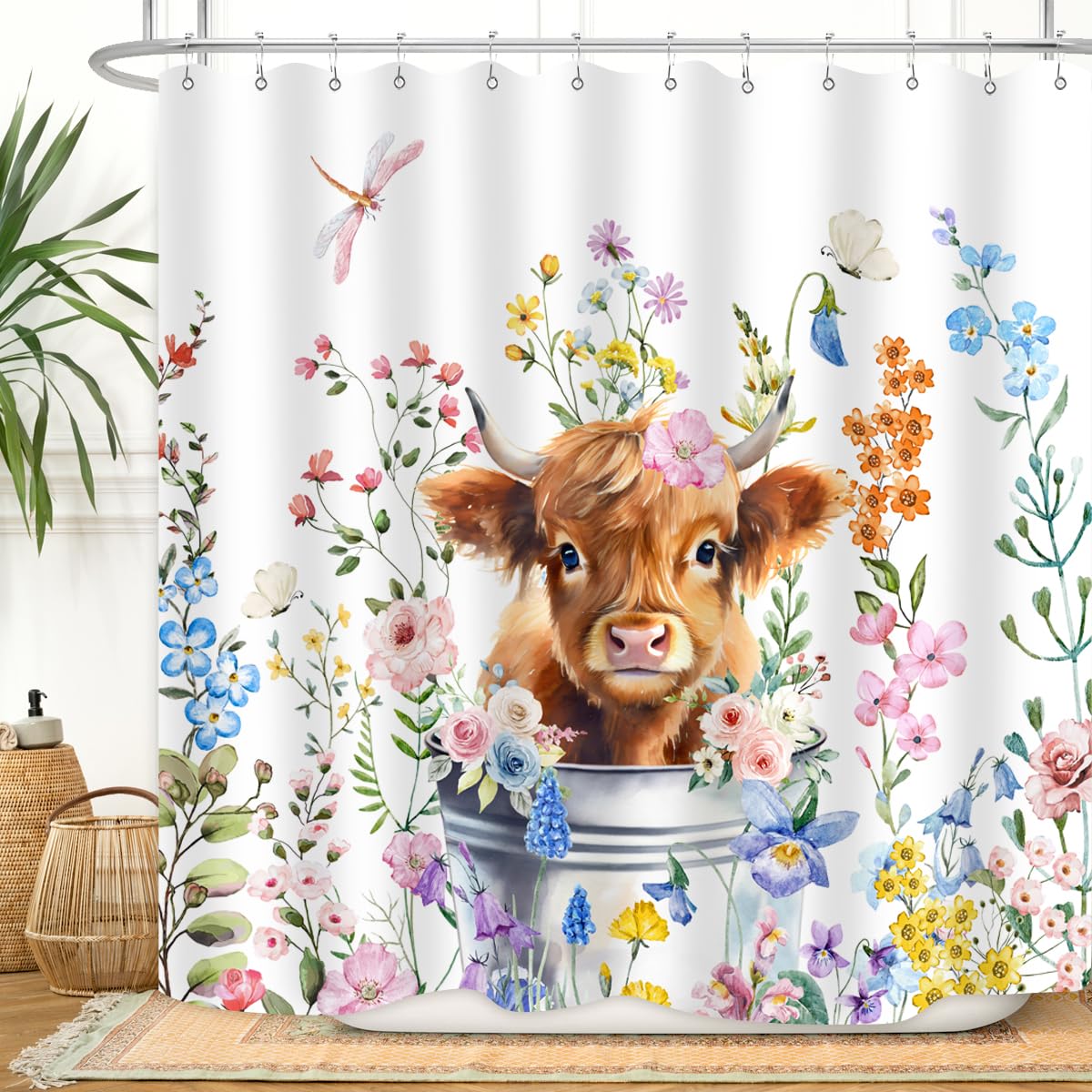Zxmbf Cute Highland Cow Shower Curtain Watercolor Floral Spring Wildflower Funny Western Cattle Farm Animal Home Bathroom Decor