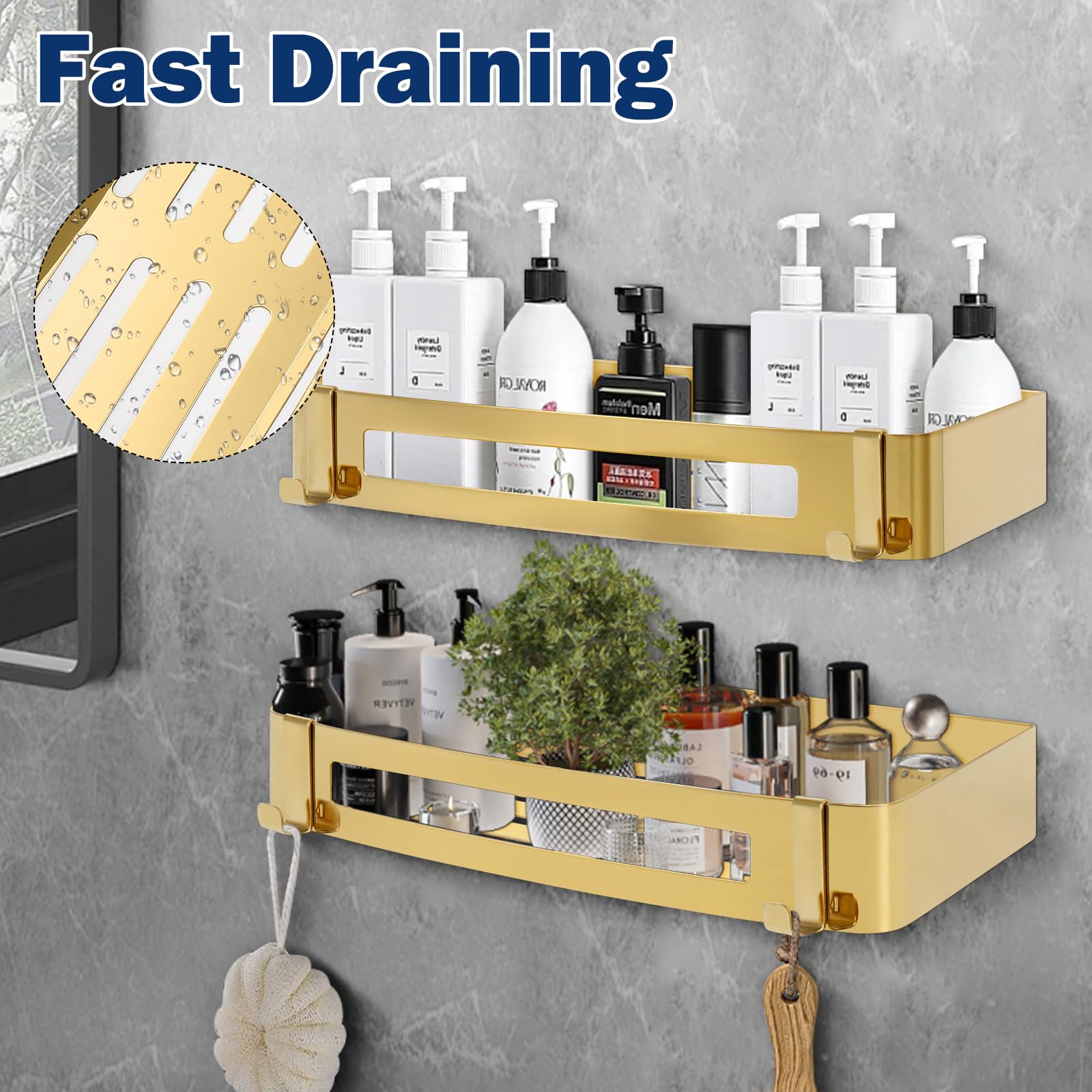 Nearmoon Bathroom Shower Caddy 2 Pack, No Drill 304 Stainless Steel Shower Organizer With 2 Hooks (Shower Shelf, Gold)