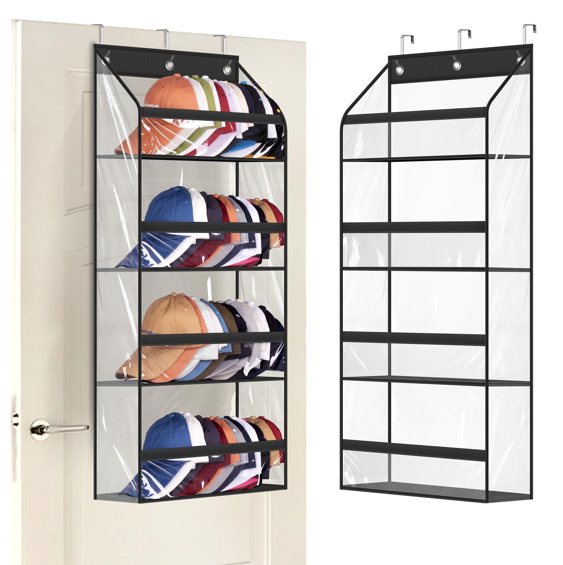 Aooda Clear Over The Door Hat Racks For Baseball Caps, Hold 48 Caps Hat Storage Organizer For Closet Wall, Deep Pockets Hanging