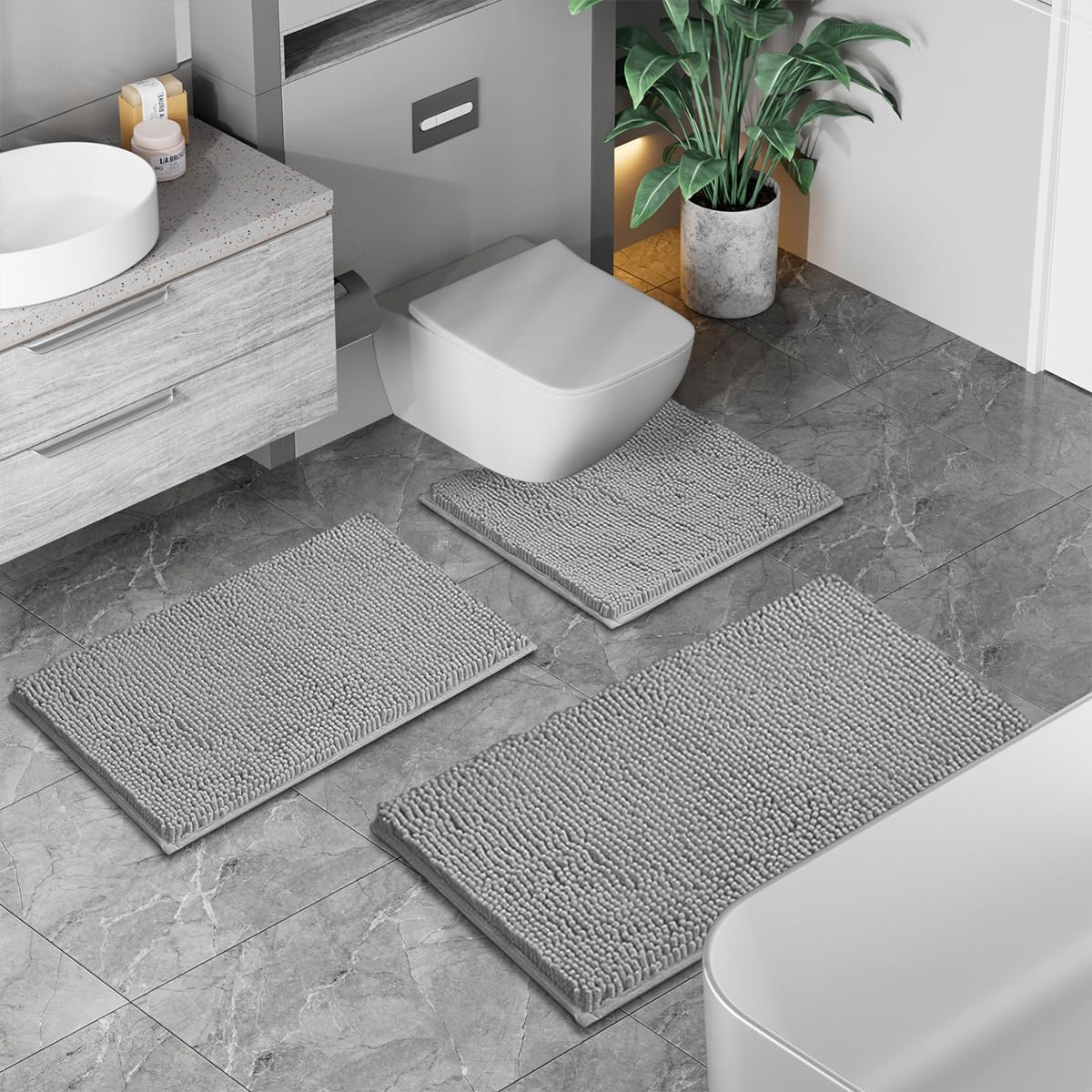 Gray Bathroom Rugs Non Slip 3 Piece Bathroom Rug Set Ultra Soft Bath Rug Absorbent Shaggy Bath Mat Set Perfect Plush Bathroom Mats Sets with U-Shaped Toilet Mat Bathroom Accessories living Rugs