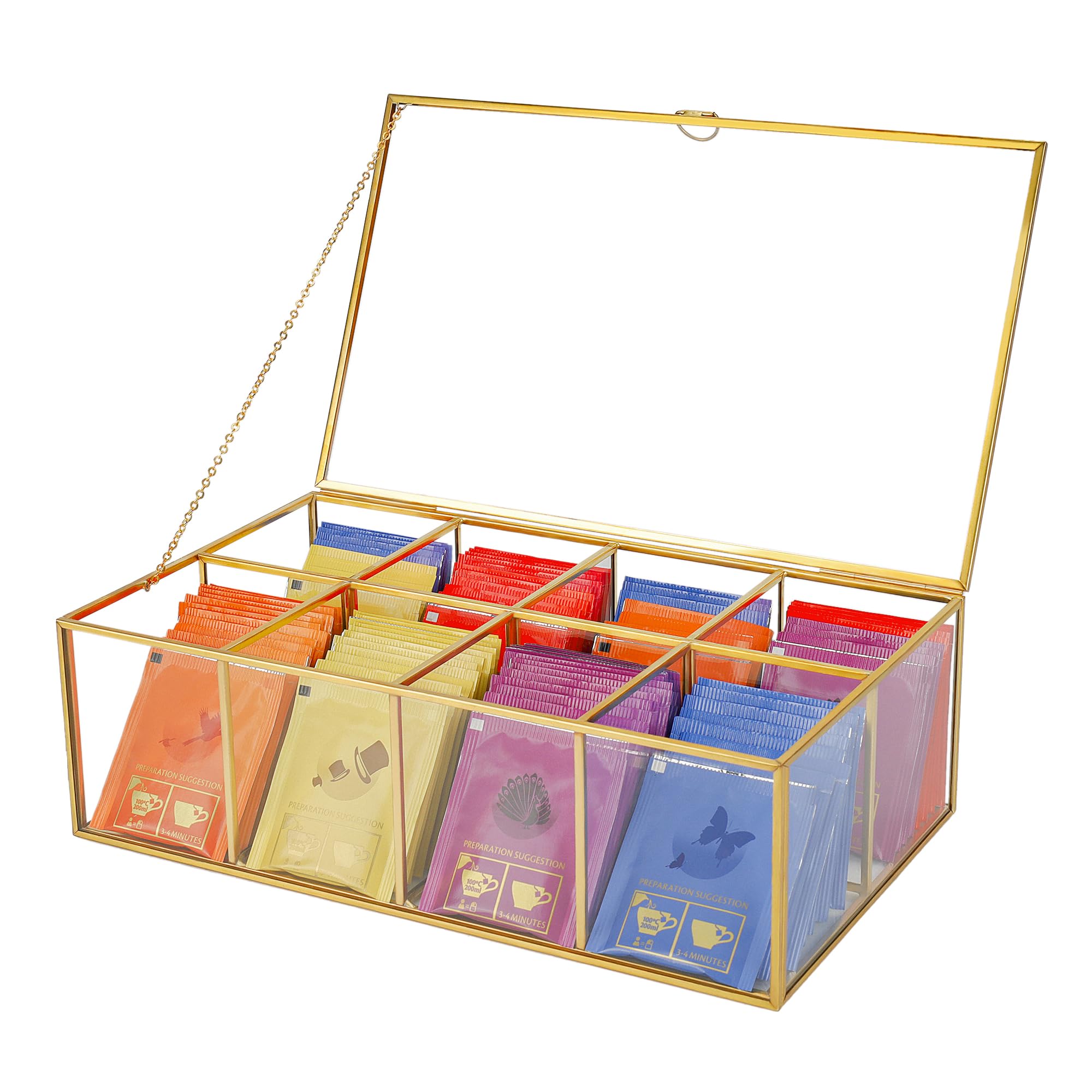 Redhugo Glass Tea Bag Organizer With 8 Compartments, Handmade Large Tea Bag Storage Box For Counter Kitchen, Tea Bag Holder,Tea