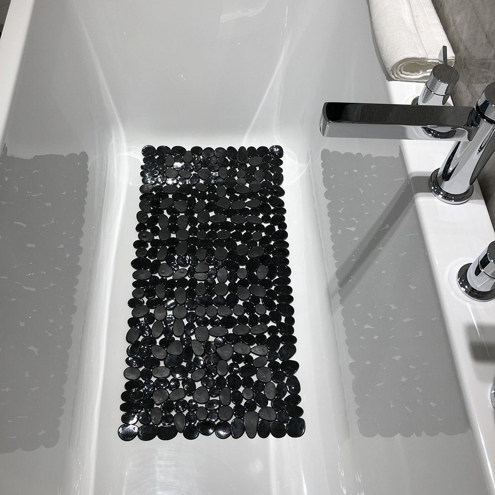 Non-Slip Pebbles Stone Bath Mats,Slip-Resistant Pebble Shower Mats, Anti-Slip Bathtub Mats, Machine Washable (Black, 14'' W X 27