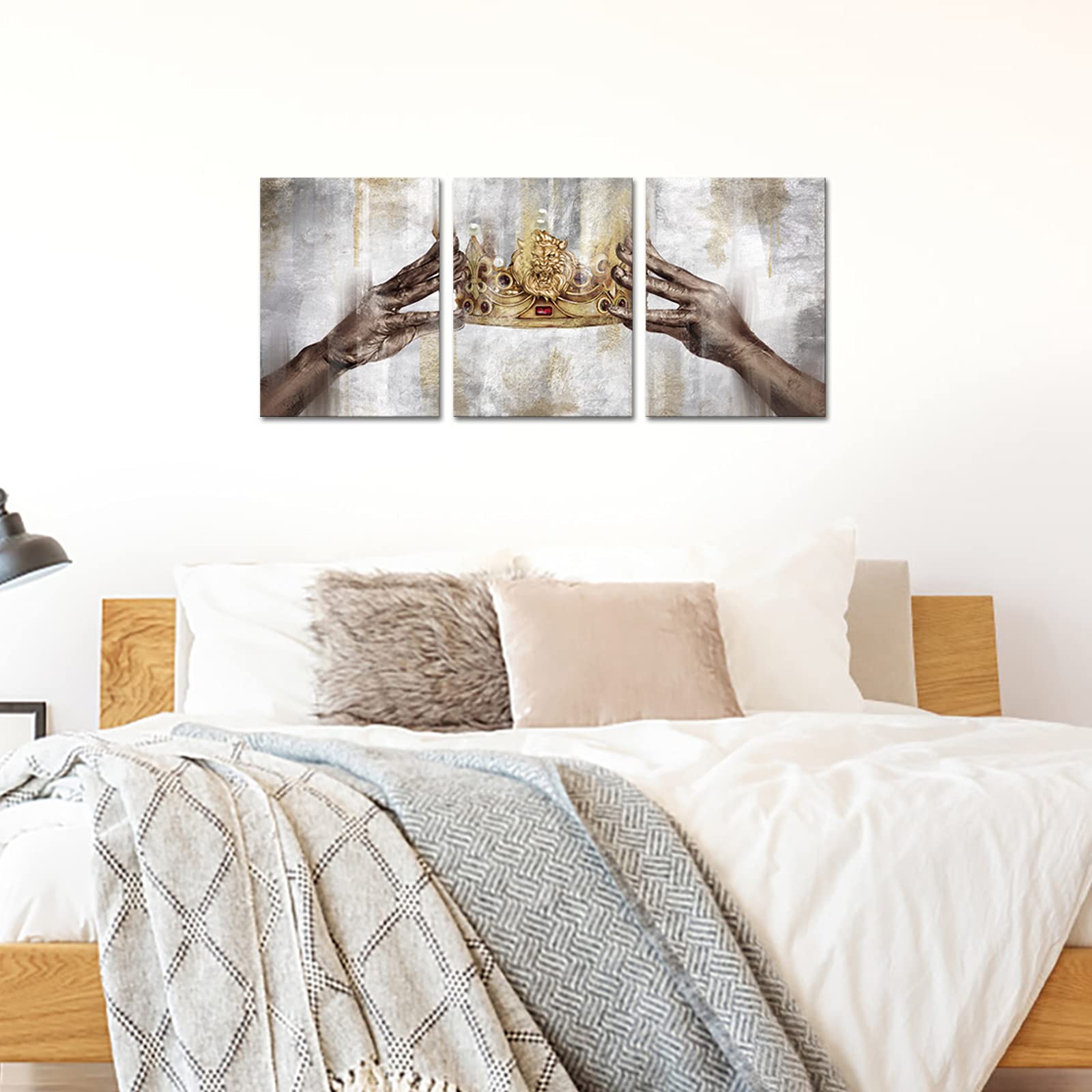 Apicoture King Queen Crown Wall Decor - Gold Grey Diadem Canvas Wall Art Decor Pictures Framed Living Room Bedroom Dressing Room