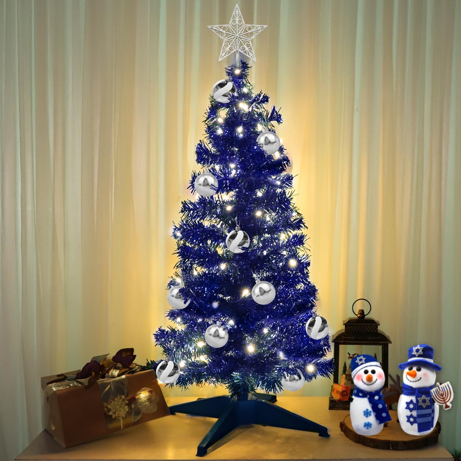 TURNMEON 3 Ft Christmas Hanukkah Tree with Lights Timer 15 DIY Ball Ornament Star Blue Small Tinsel Tree Battery Operated Christ