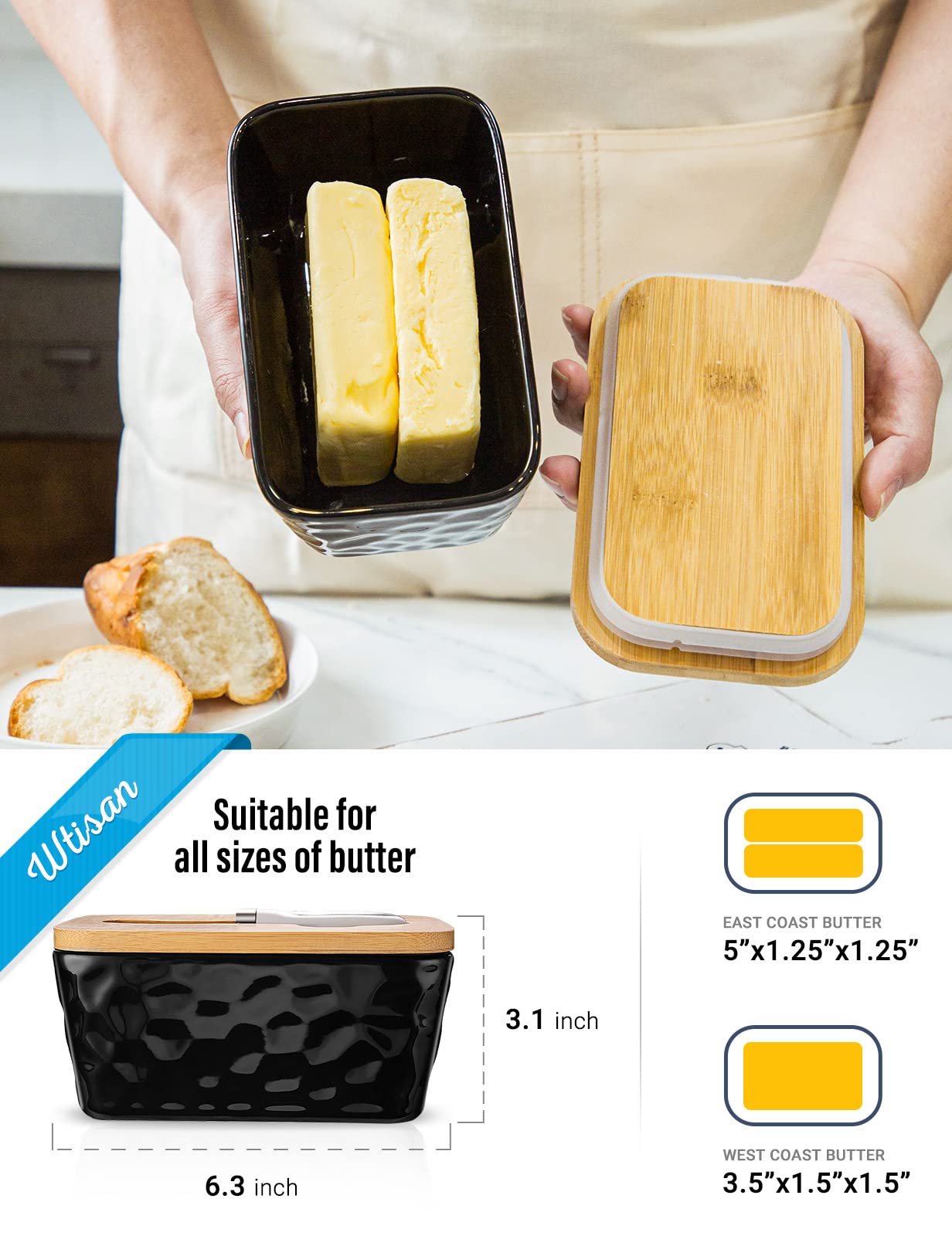 Stone Butter Dishes With Covers - Large Ceramic Butter Dish For Countertop - Double Silicone Seal - Black