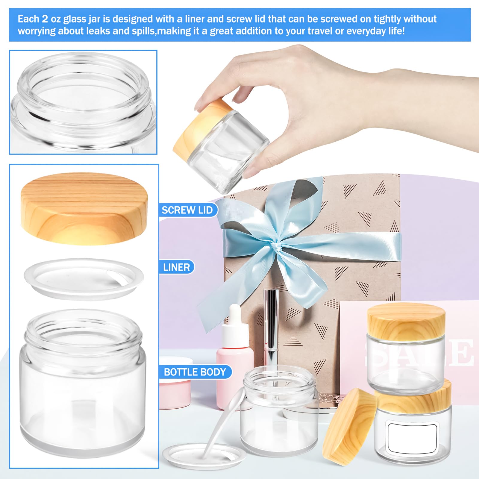 Motbach 4 Pack 2Oz Glass Jars With Lids 60Ml Mini Round Clear Glass Jars With Inner Liners And Spatulas, Travel Size Containers