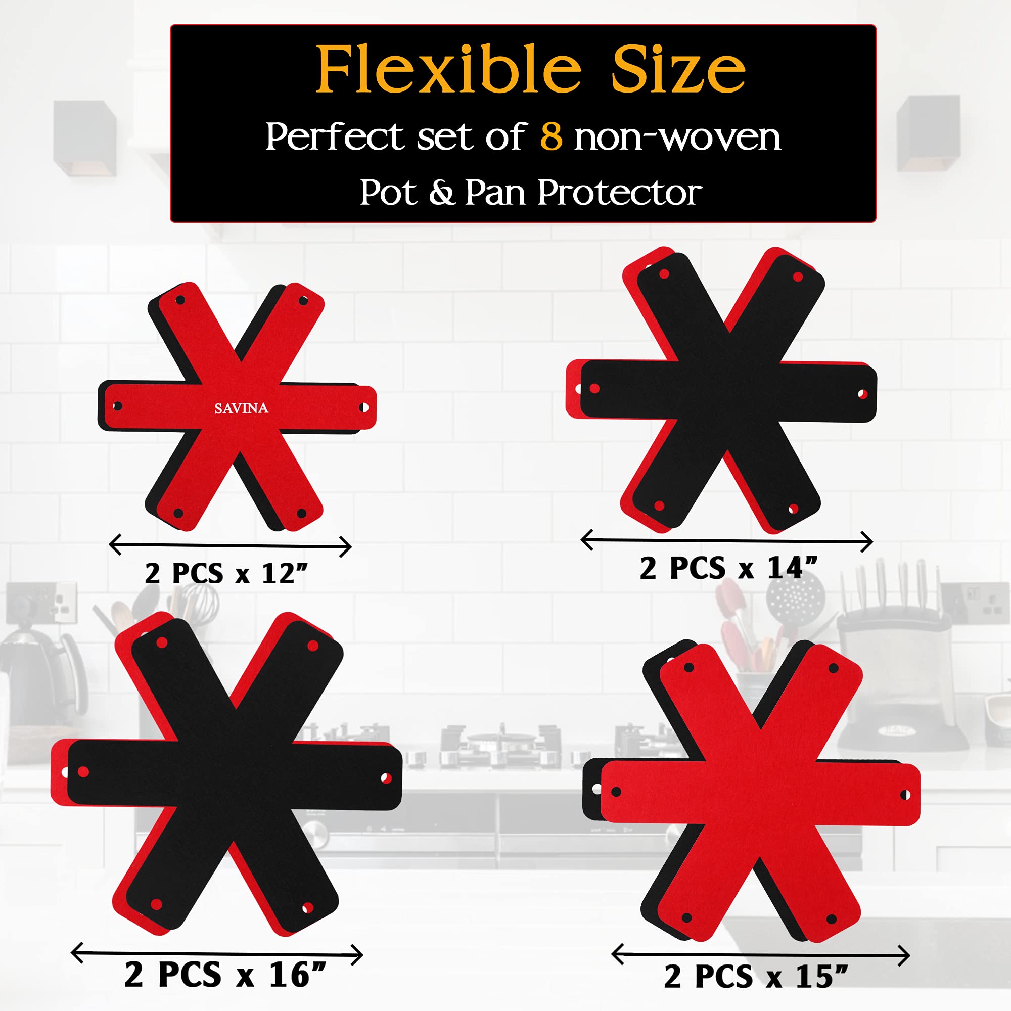 Savina Pot & Pan Protectors - Big Different Sizes (16'' 15'' 14'' 12'') - Set Of 8 - Material Felt, Cookware Protectors, Keep Ki
