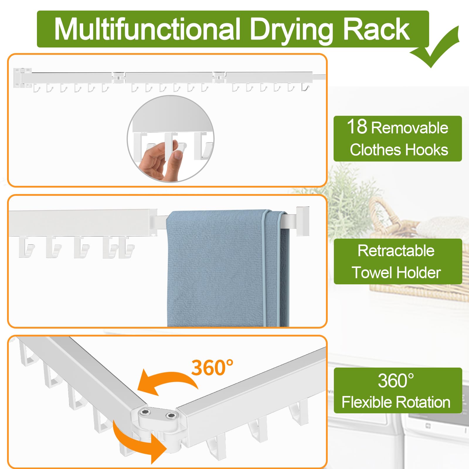 Kelisiting Retractable Clothes Drying Rack 2 Fold White-Laundry Drying Rack Space Saver Foldable Durable for Laundry Balcony Bathroom Patio Dormitory Apartment