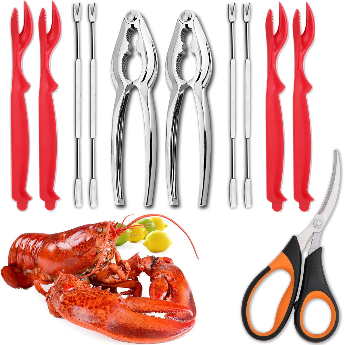4-Person Seafood Tools Set Includes 2 Crab Crackers, 4 Lobster Shellers, 4 Crab Leg Forks/Picks And 1 Seafood Scissors - Nut Cra
