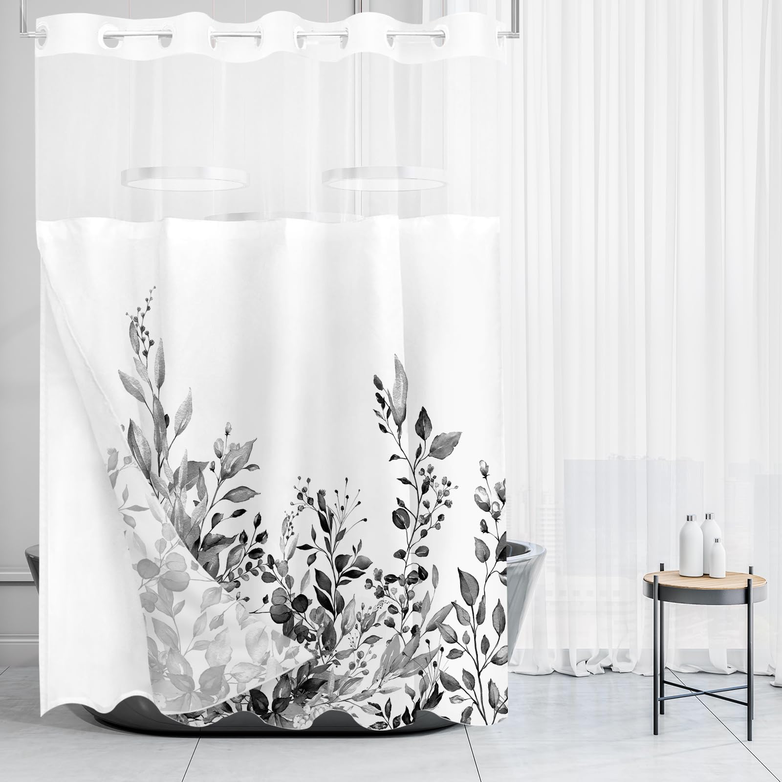 Tititex No Hooks Snap In Liner Black Eucalyptus Leaves Shower Curtain Sets, Hotel Luxury Double Layers Waterproof Fabric & See-T