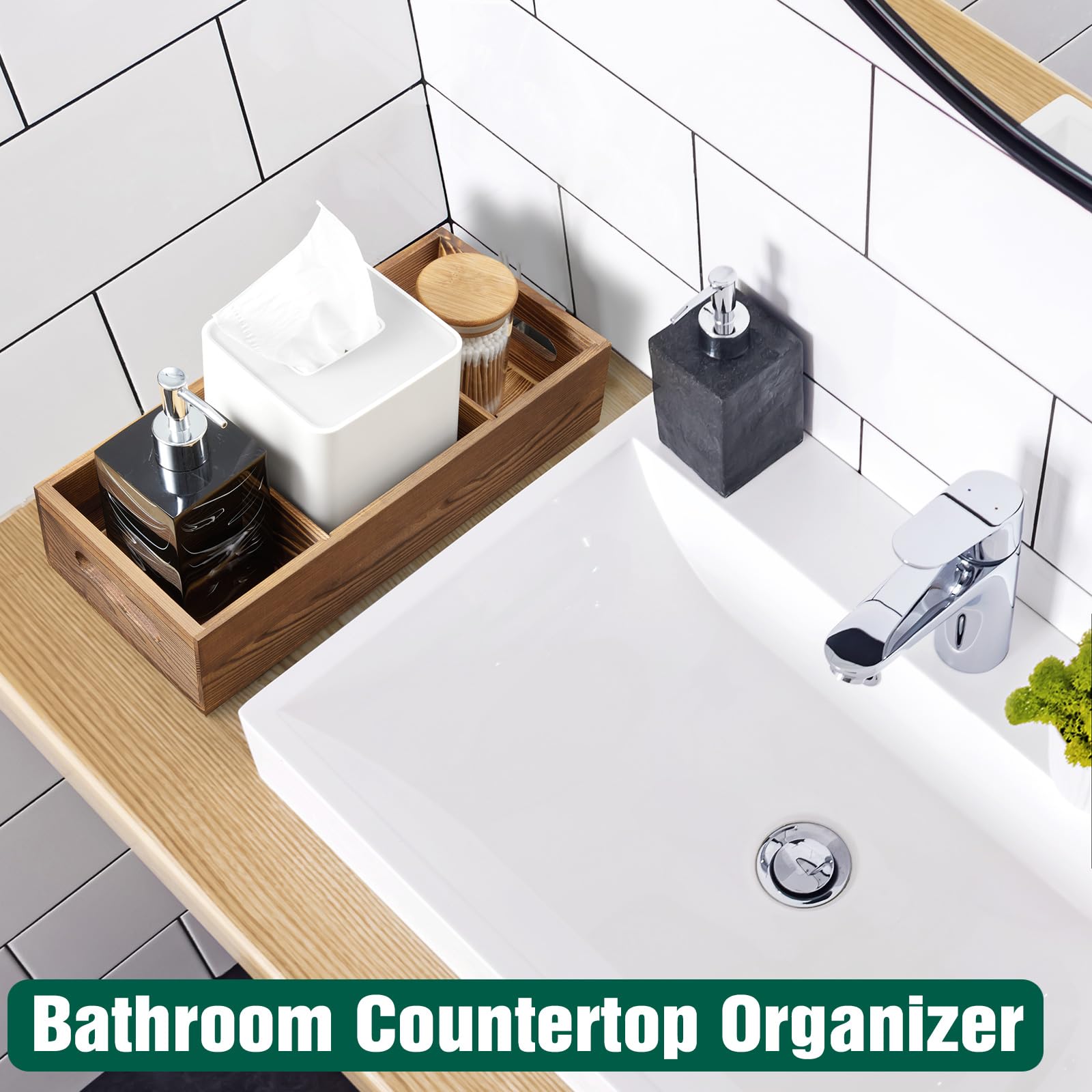14 Inch Wood Bathroom Basket with Removable Dividers - 3 Comparments Wooden Toilet Paper Basket with Handle for Back of Toilet T