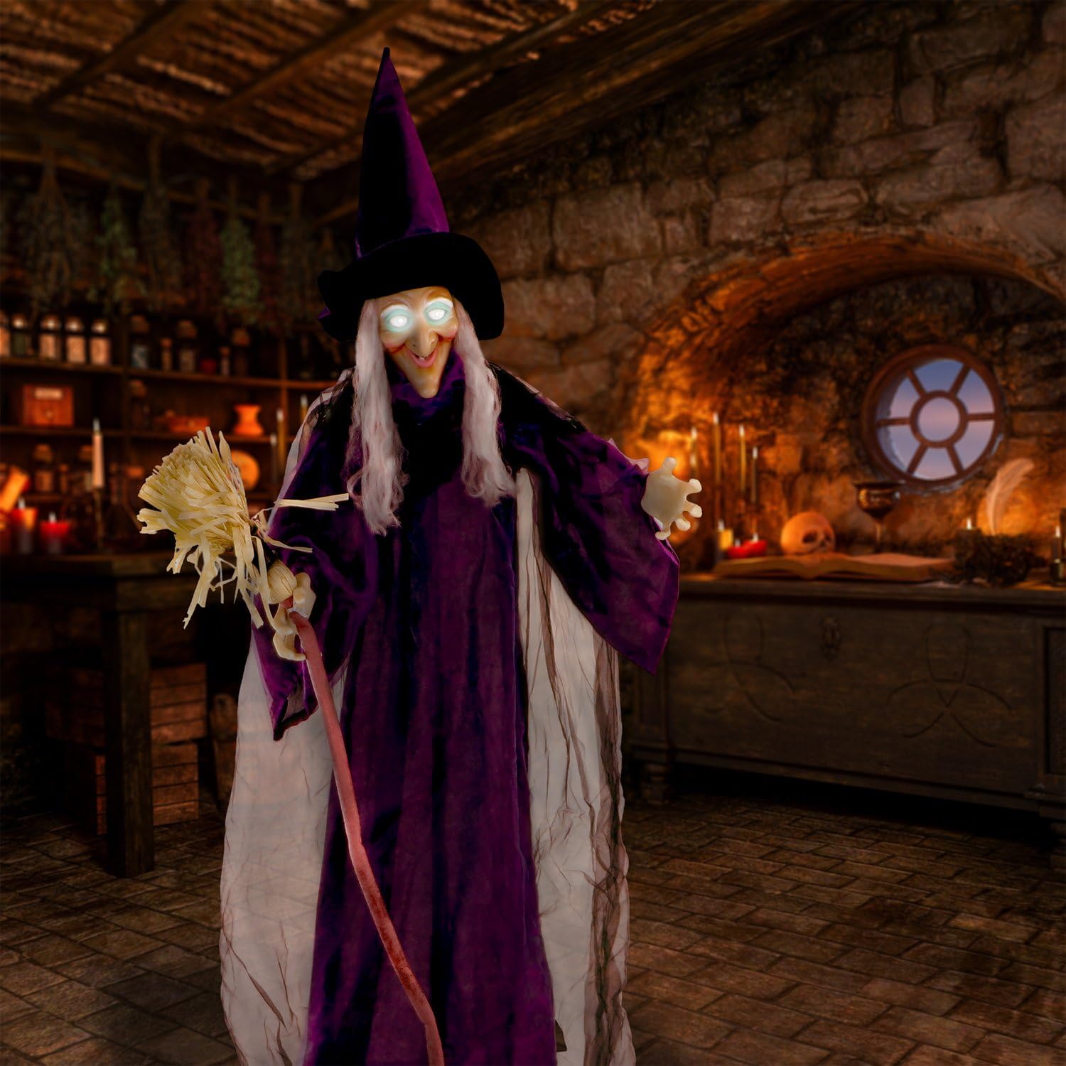 Haunted Hill Farm Life-Size Scary Talking Witch with Broomstick, Halloween Animatronic with Touch Activated Lights and Sound, Ba