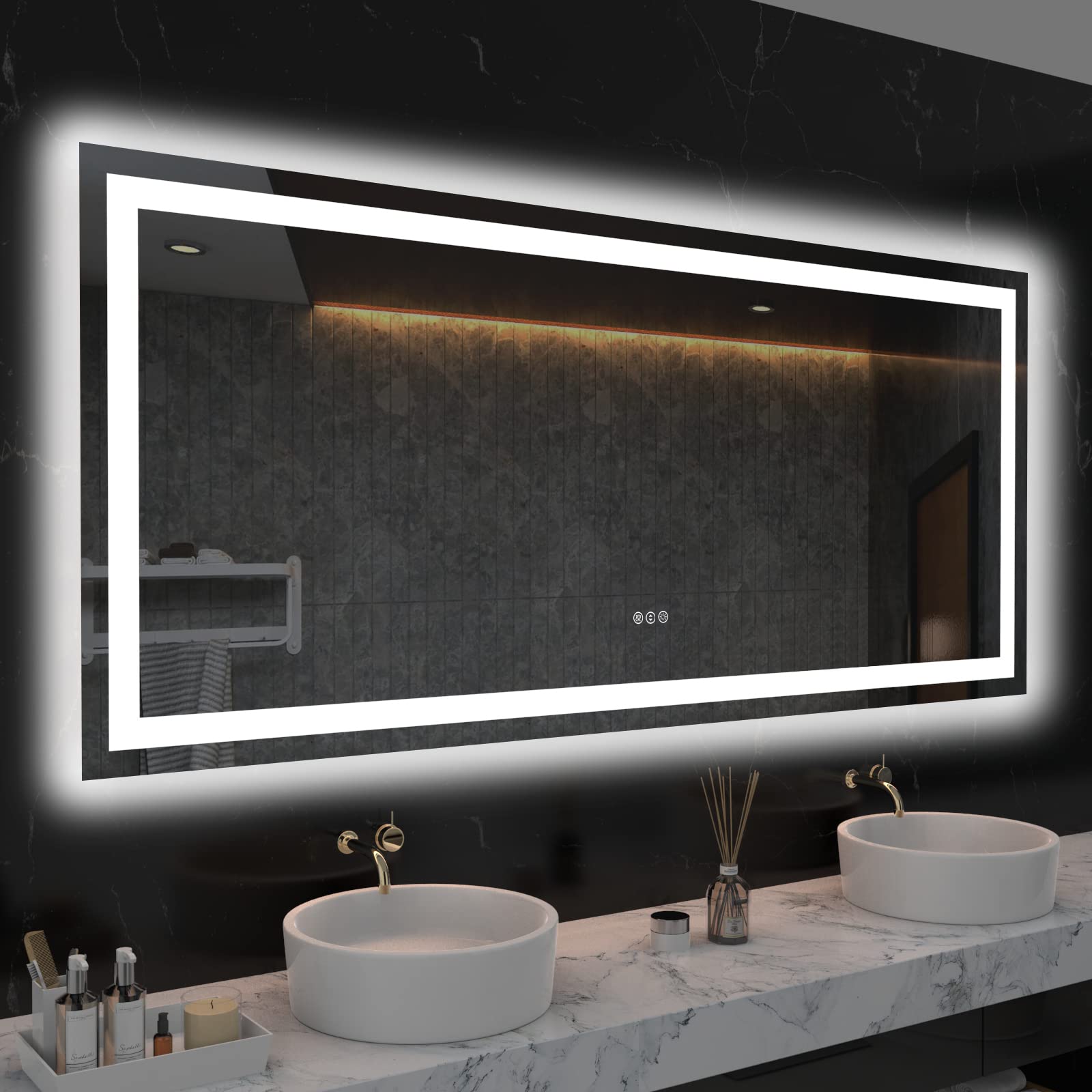 Loaao 60X28 Led Bathroom Mirror With Lights, Anti-Fog, Dimmable, Backlit + Front Lit, Lighted Bathroom Vanity Mirror For Wall, M