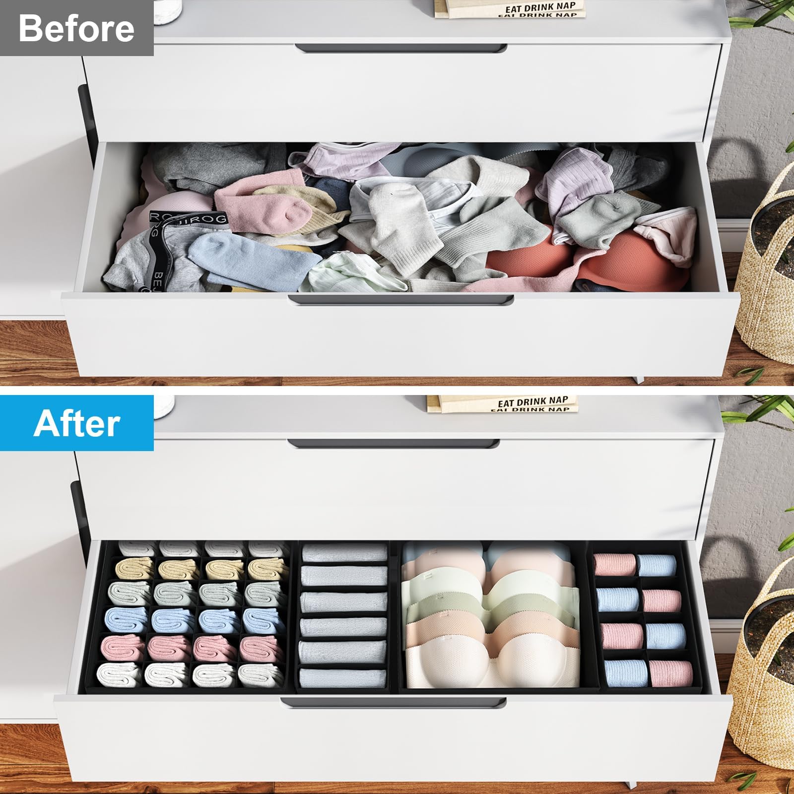 Easortm Foldable Fabric Drawer Organizer - 12 Pack for Socks, Underwear, Bra - Gray
