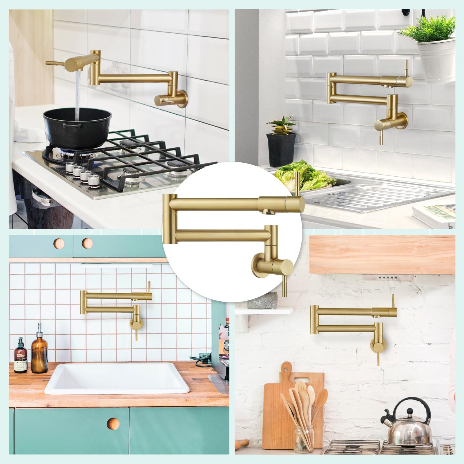Heyalan Brushed Gold Pot Filler Faucet 19 Inch Folding Stretchable Wall Mount Kitchen Restaurant Faucet SUS304 Stainless Steel with Double Joint Swing Arm Single Hole Two Handles Commercial NPT