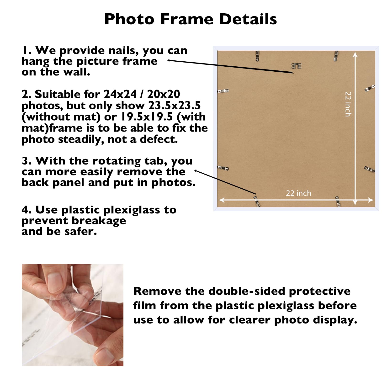 JCJMY 24x24 Picture Frame White with 20x20 Mat, Display Photo 20x20 with Mat or 24 x 24 Without Mat, Wall Hanging Large 24x24 Po