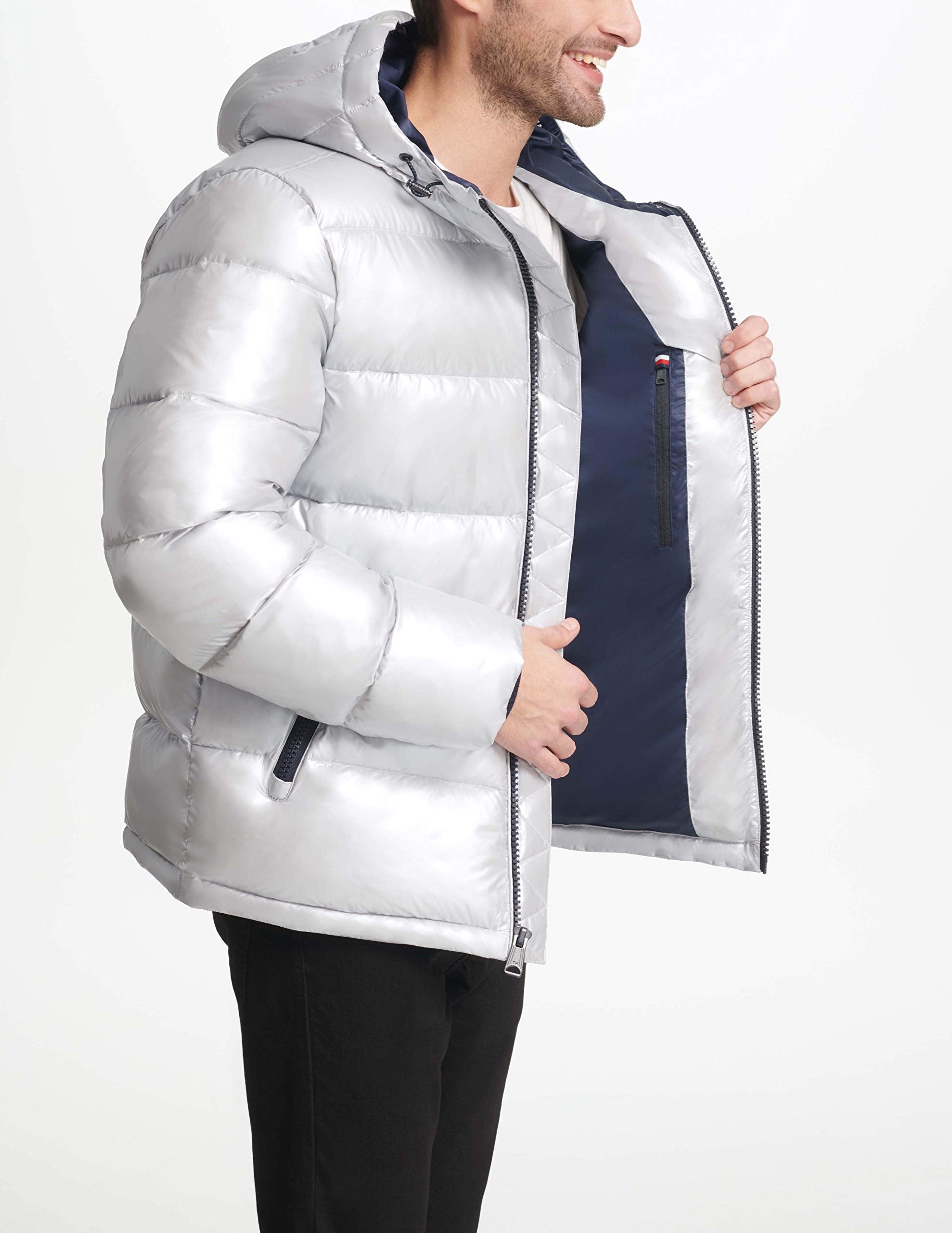 Tommy Hilfiger Mens Hooded Puffer Jacket, Pearlized Grey, X-Large