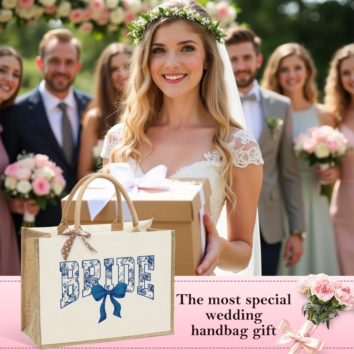 KongMoTree Bride Bag, Bride Gifts, Bridal Shower Gifts, Blue Bows Canvas Tote Bag Wedding Bachelorette Bride Gift Bridesmaid Tot