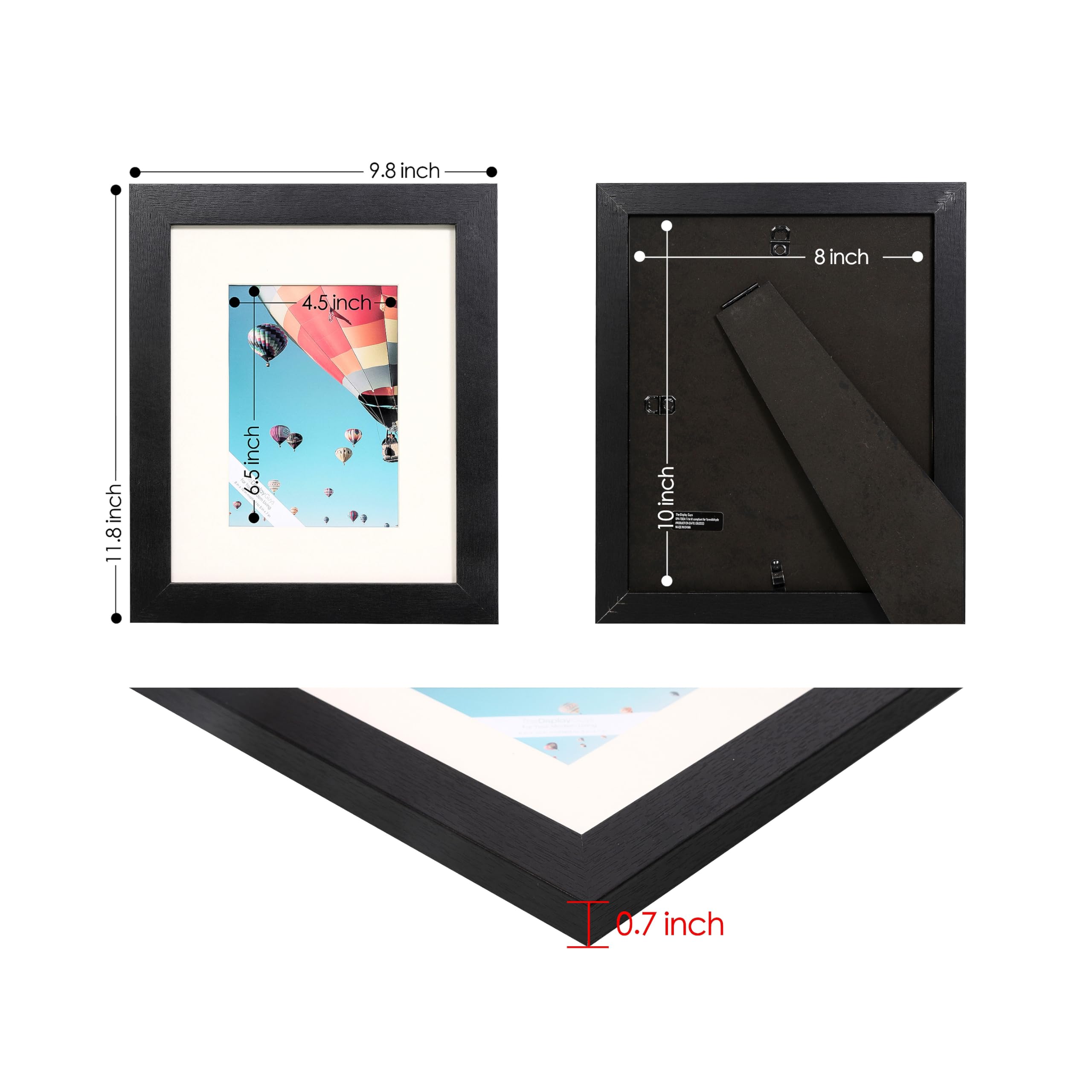 The Display Guys - Black Wooden Minimalist Picture Frames Set - Tempered Glass - 8x10 matted to 5x7 - Tabletop Easel - 4-Pack