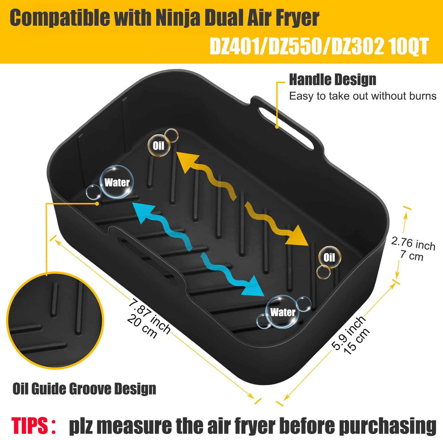 10Qt Air Fryer Silicone Liners For Ninja Dz401/Dz550/Sl401/Sl451/Dz302,Mmh 2Pcs Rectangle Food-Grade Airfryer Silicone Pot Reusa