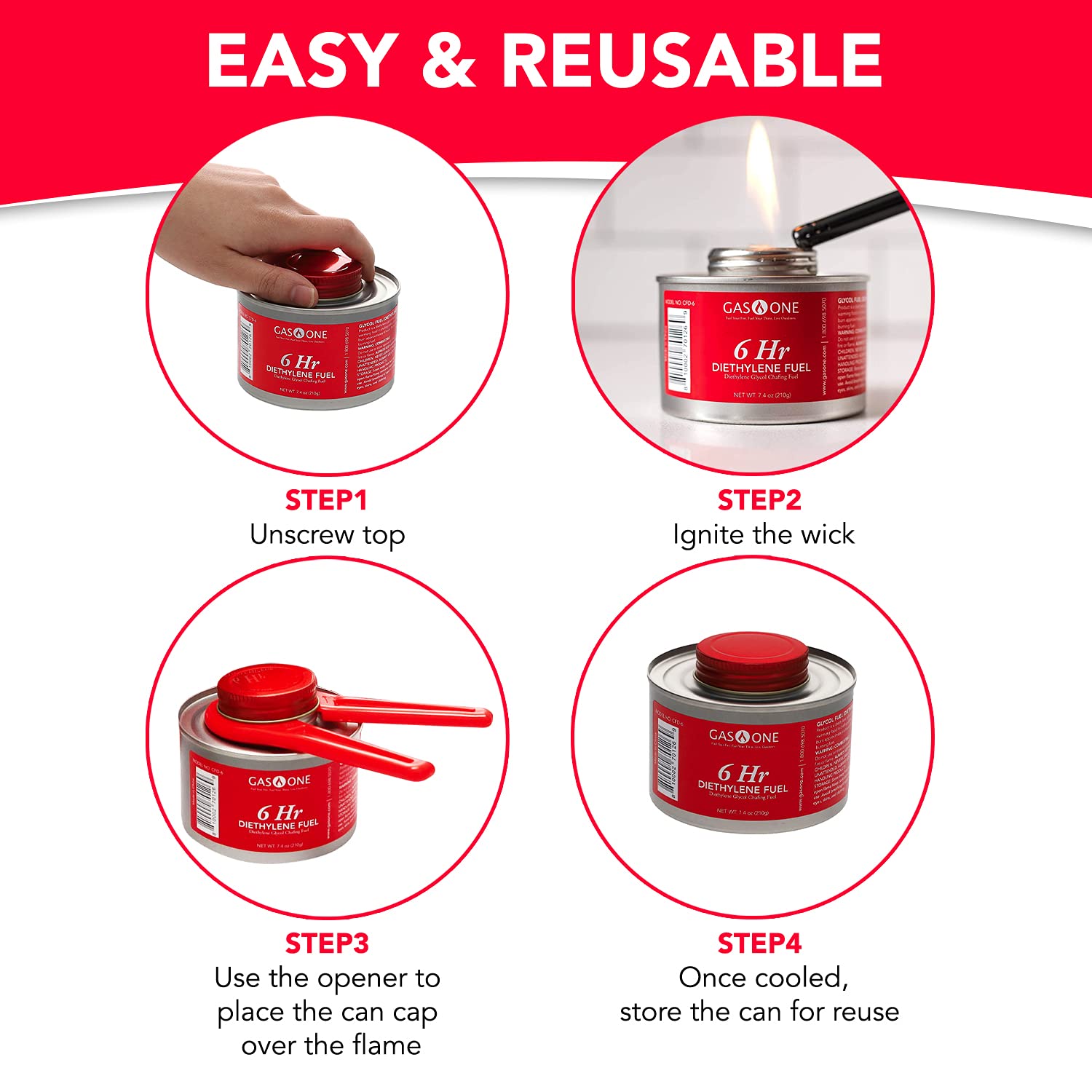 Gas One 6 Pack 6 Hour Chafing Fuel - Food Warmer For Chafing Dish Buffet Set - Liquid Safe Fuel With Wick & Lid Opener For Chafi