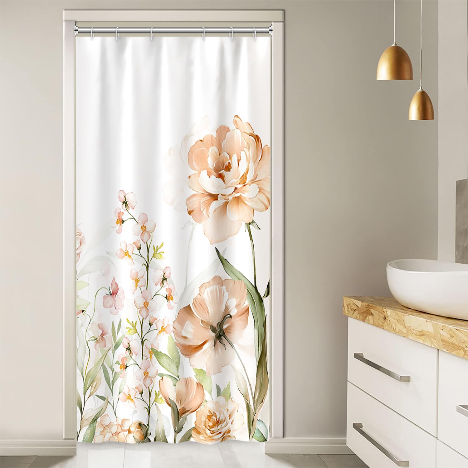 Ruelvth Stall Shower Curtain, Aesthetic Yellow And Pink Floral Shower Curtain Set Waterproof Fabric Spring Flower Small Bathroom