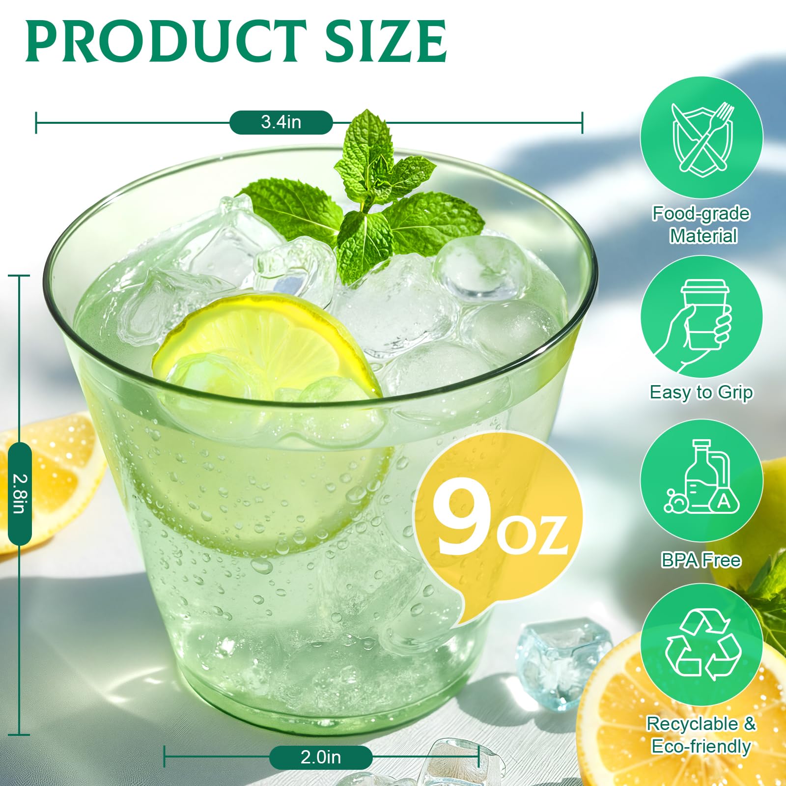 50 Pack Plastic Disposable Cups 9 oz Green Drinking Glasses for Cold Water Sturdy Plastic Cup for Cocktails Cups Bulk for Weddin