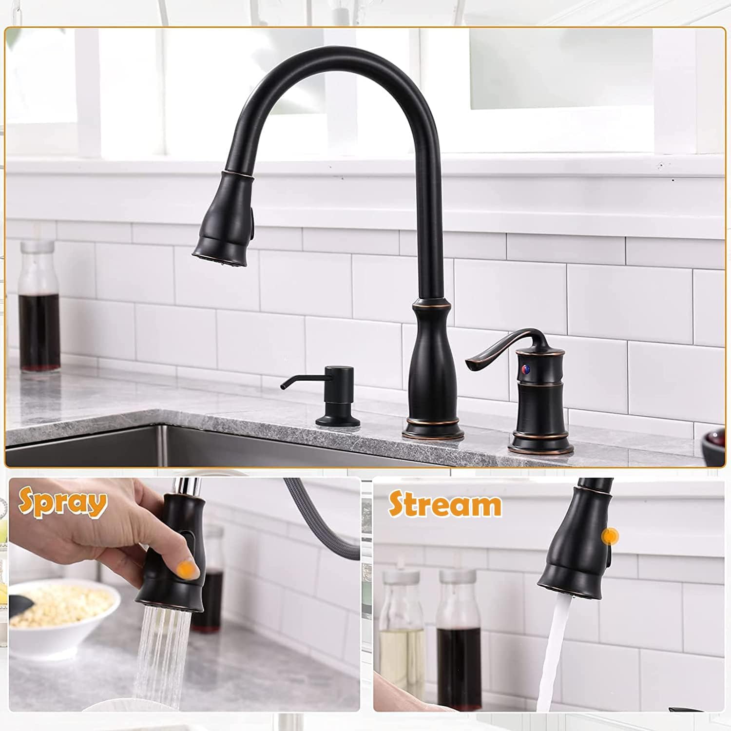 Appaso 3 Hole Pull Down Kitchen Faucet With Sprayer Oil Rubbed Bronze, 3 Pieces Pull Out Kitchen Sink Faucet With Side Single Ha