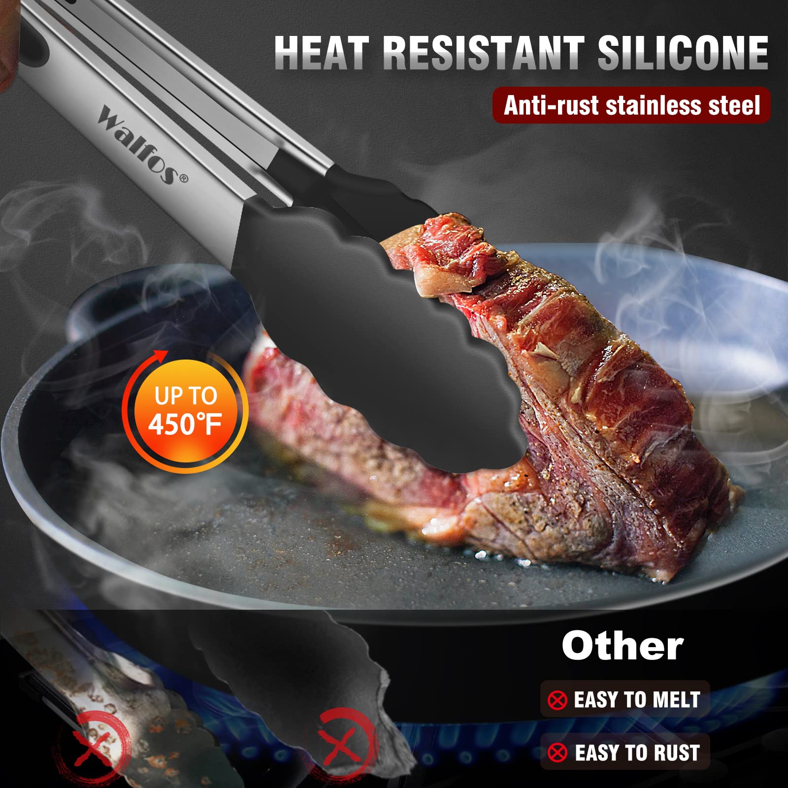 Walfos Kitchen Tongs - Heat Resistant Cooking Tongs Set of 3  Stainless Steel and BPA Free Silicone Tips  Great for Cooking  Grilling  Turning  7'' 9'' and 12'' (3 black silicone tongs)