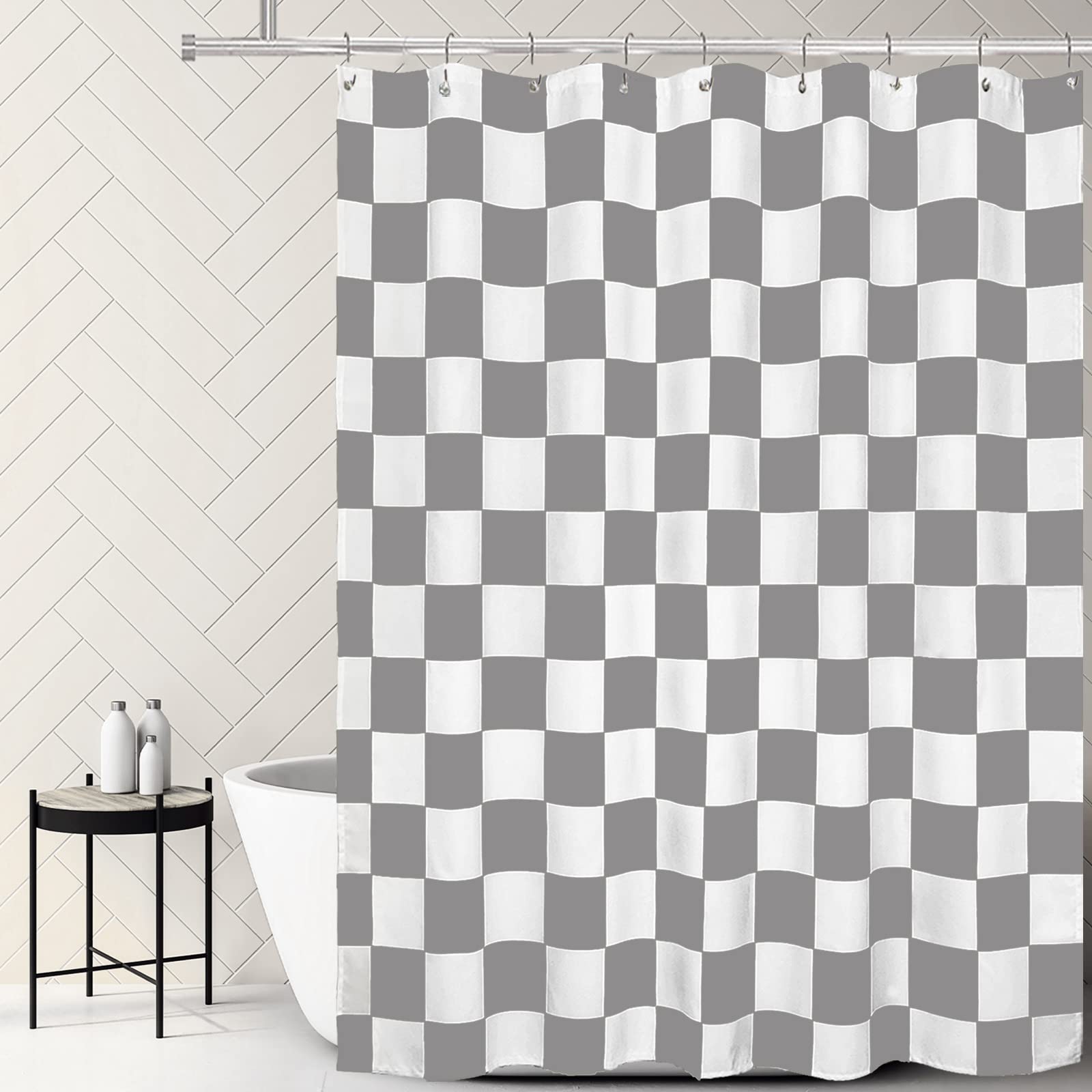 Tititex Aesthetic Checkerboard Grid Pattern Shower Curtain, White Grey Modern Shower Curtain Sets Decoration 71X71 Inch With Hoo