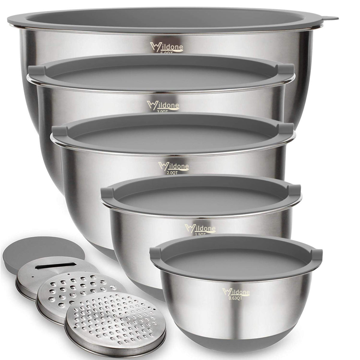 Wildone Mixing Bowls With Lids Set, 5Pcs Stainless Steel Grey Nesting Bowls With 3 Grater Attachments, Measurement Marks & Non-S