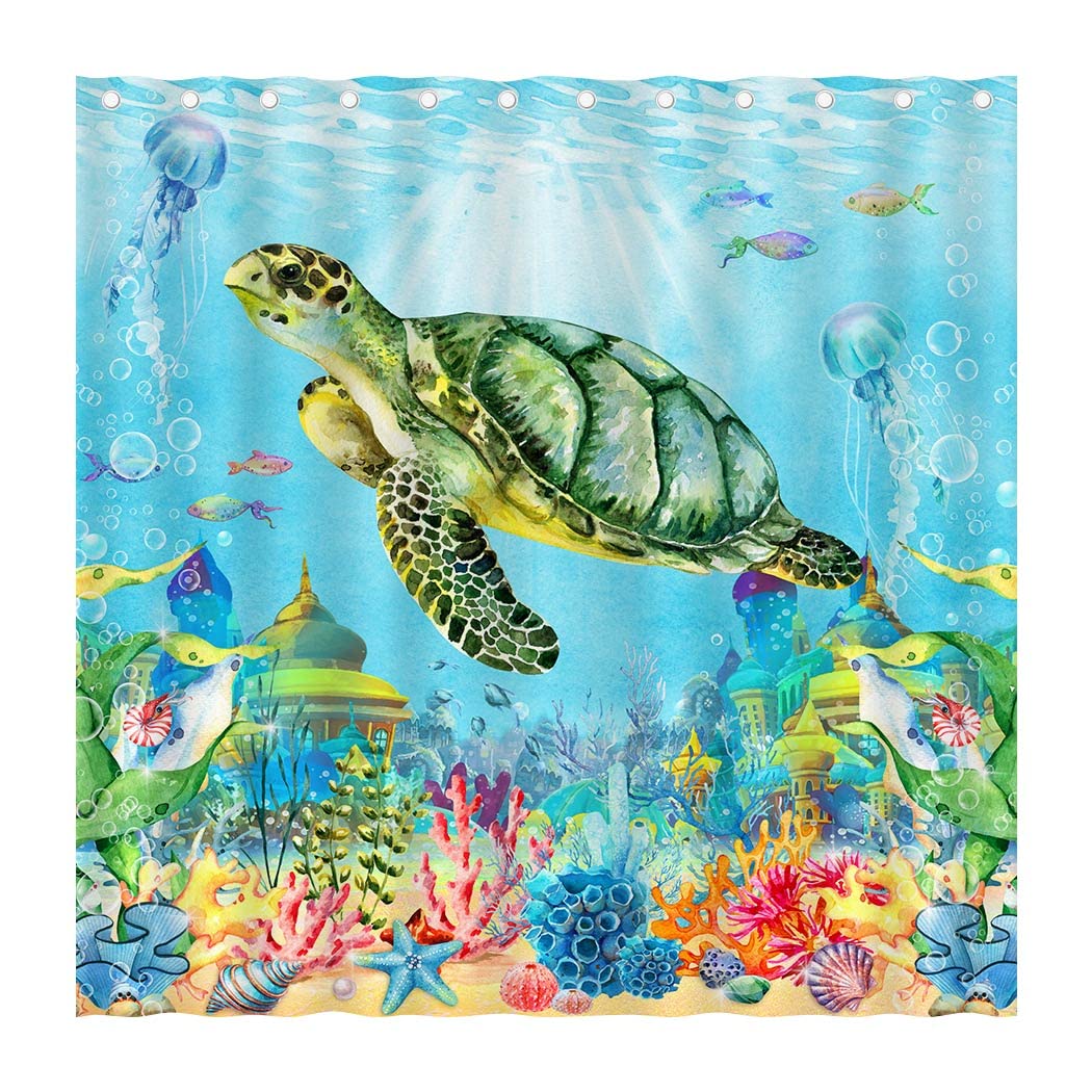Juirnost Sea Turtle Shower Curtain Ocean Shower Curtain For Bathroom Underwater Seashell Tropical Marine Animal Nautical Beach S