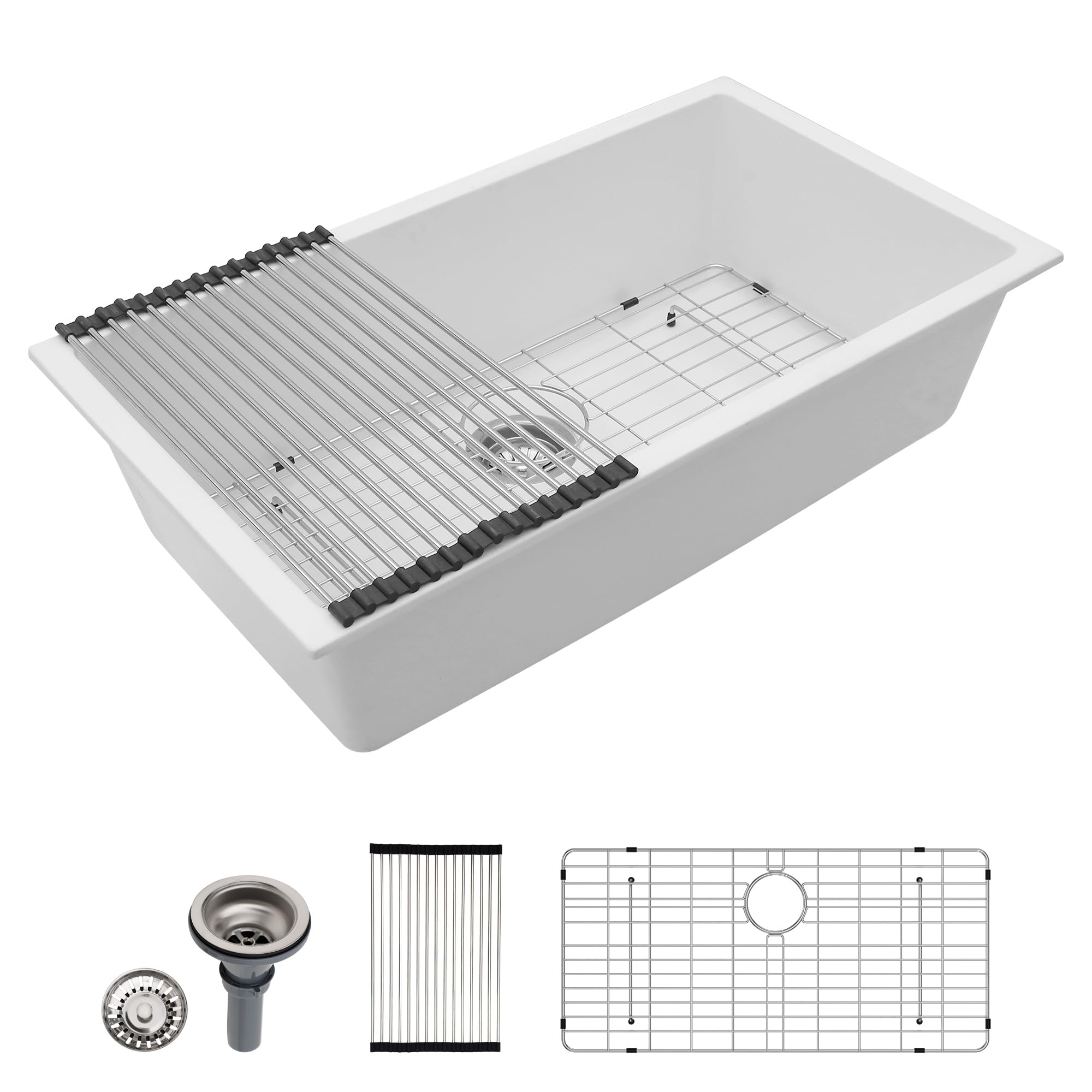 Dcolora 33 Quartz Granite Composite White Kitchen Sink Undermount Sink Deep Single Bowl, Round Corner, 33x19, DC-GU7750