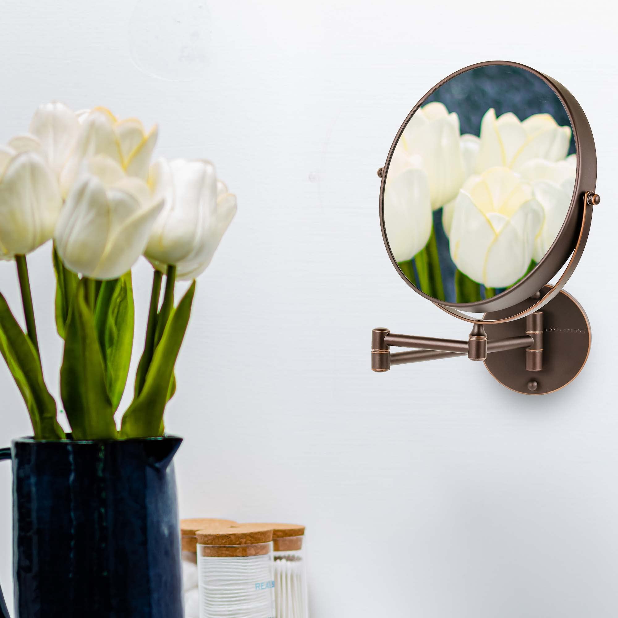 Ovente 9'' Wall Mounted Makeup Mirror - 1X/ 7X Magnification, Rotating 360-Degree, Double-Sided, Extendable & Folding Arm, Clear