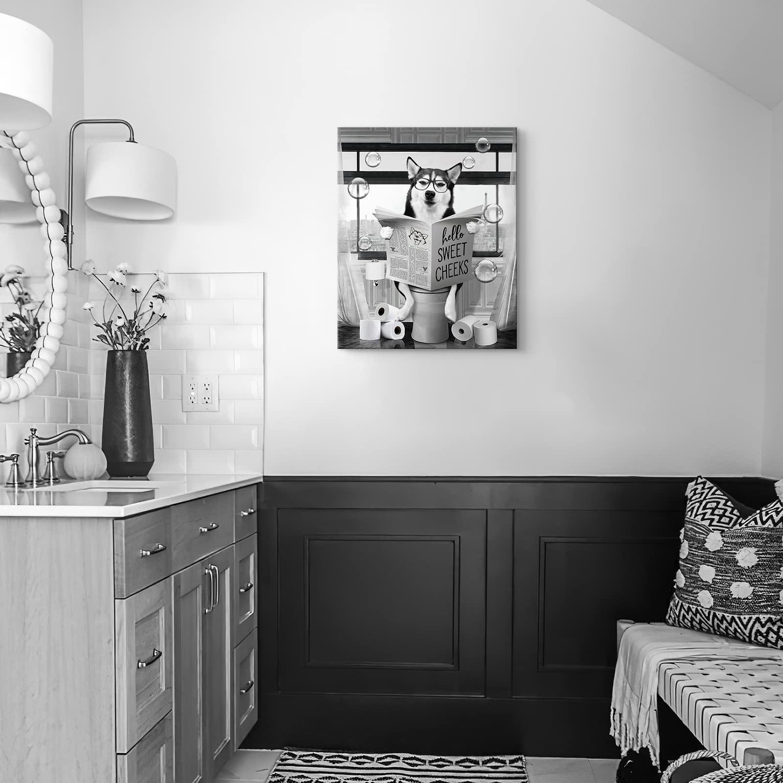 Funny Husky Dog Wall Art Black And White Dog Bathroom Print Farmhouse Bathroom Animals Wall Decor Dog Sitting In Toilet Reading