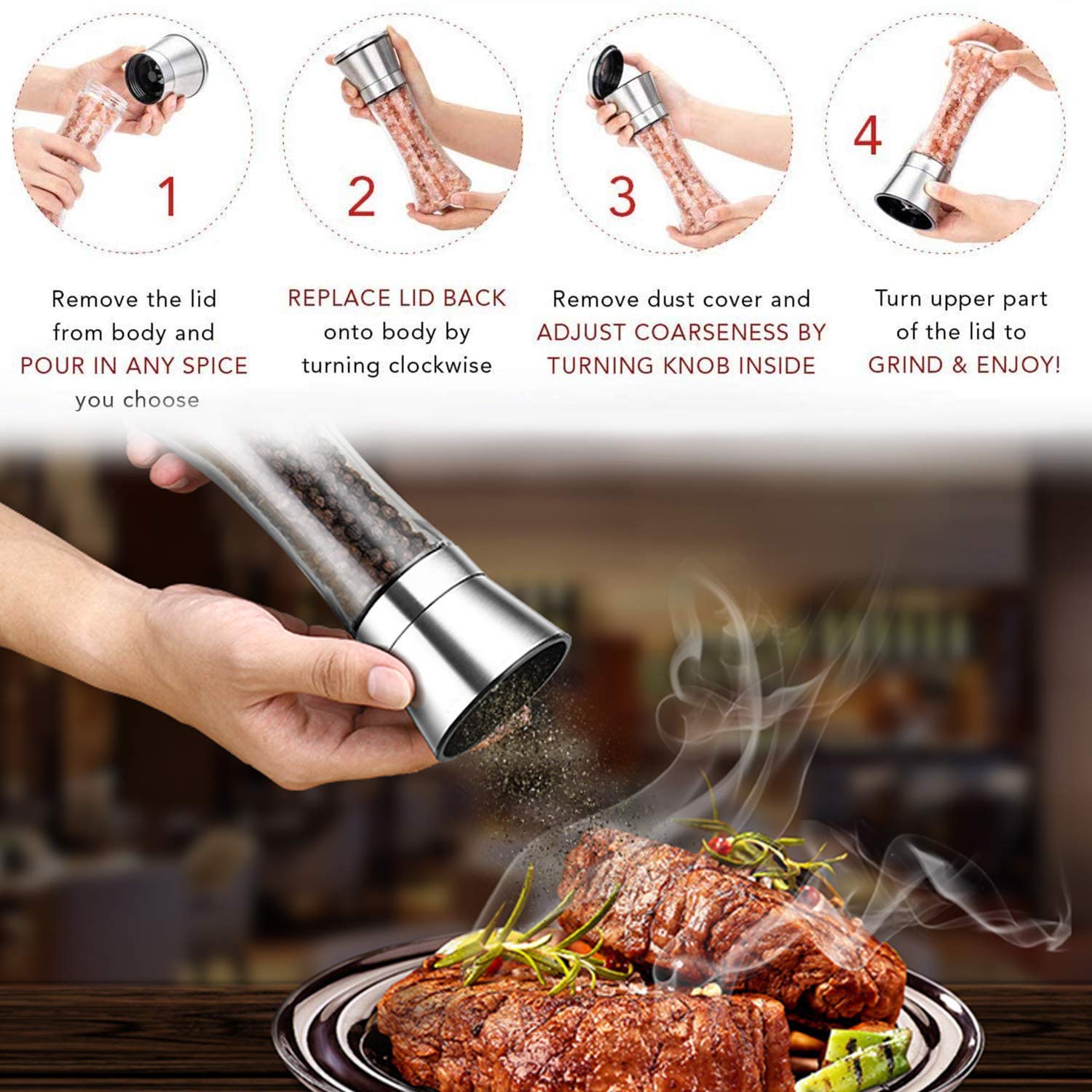 Lessmo 2Pcs Salt And Pepper Grinder Set With Wooden Standing Tray, Salt And Pepper Mill, Stainless Steel Refillable Salt & Peppe