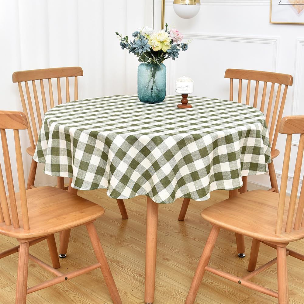 Yofori Gingham Table Cloth for Round Tables Green Checkered Plaid Tablecloth Heavy Duty Cotton Blend Washable & Wrinkle Table Co