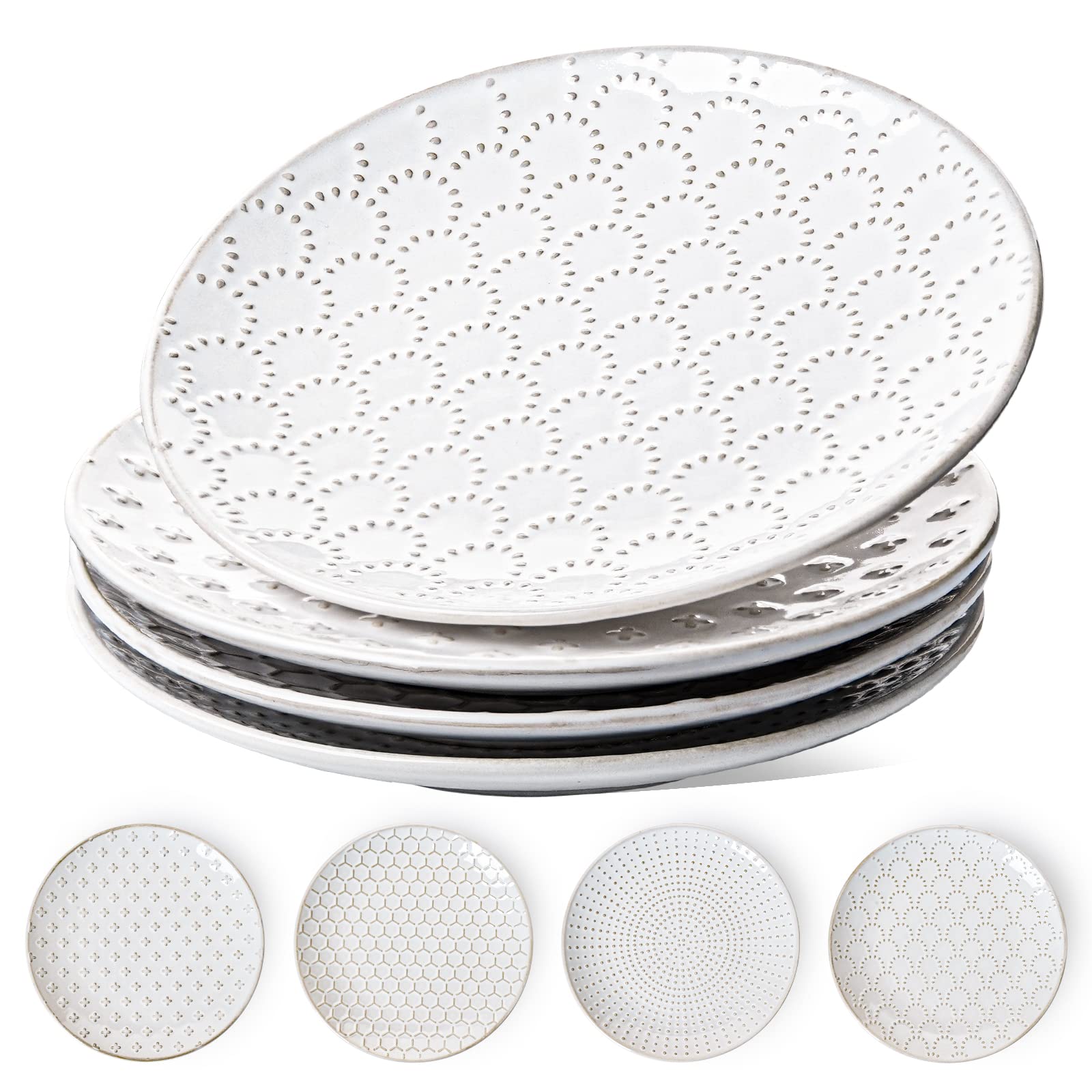 Le Tauci Salad Plates 8 Inch, Ceramic Embossment Plate Set For Dessert Appetizer Small Dinner, Suit For Housewarming Wedding -Se
