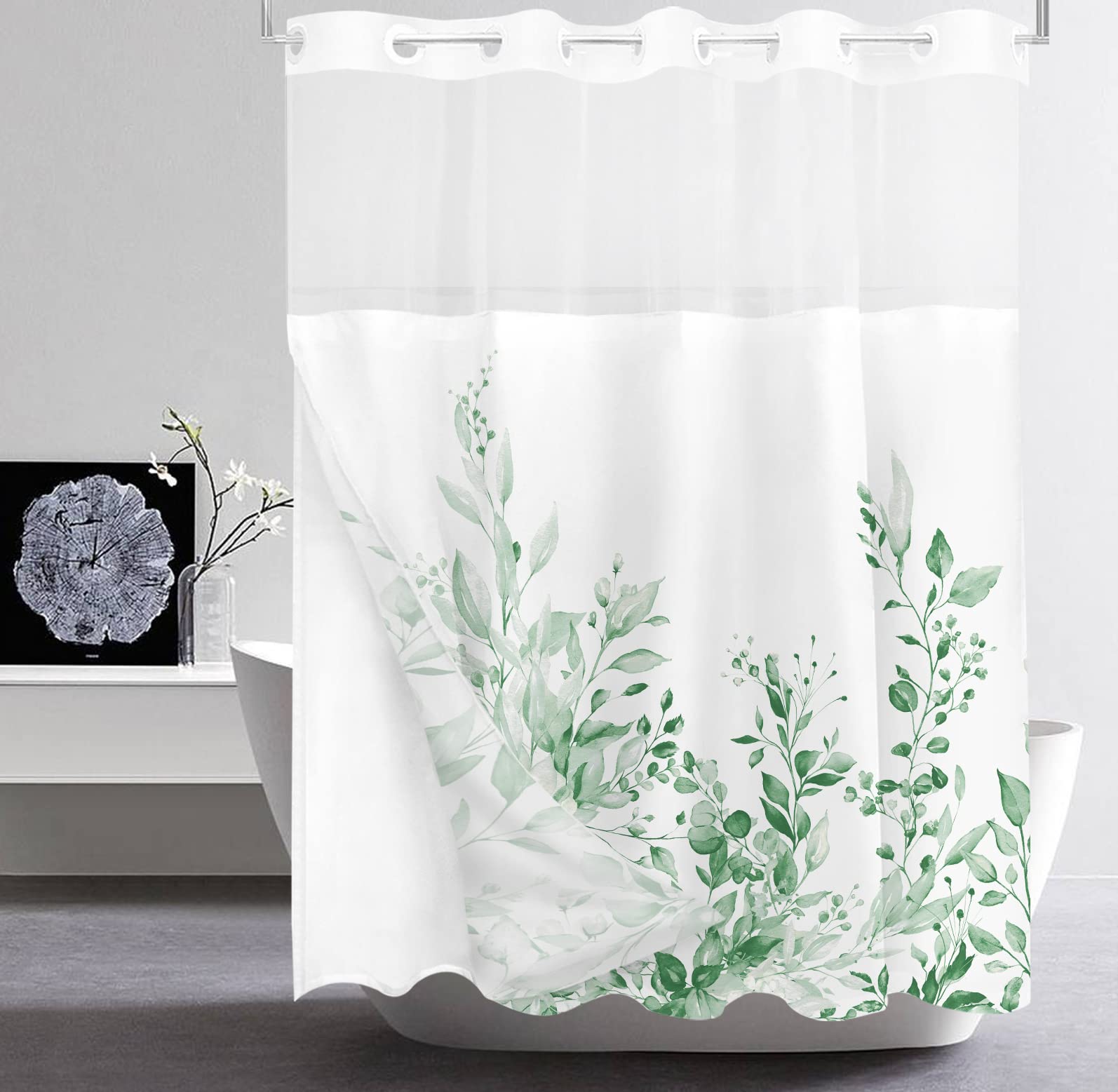 Tititex No Hooks Snap In Liner Mint Bright Green Eucalyptus Leaves Shower Curtain Sets, Hotel Luxury Double Layers Waterproof Fa