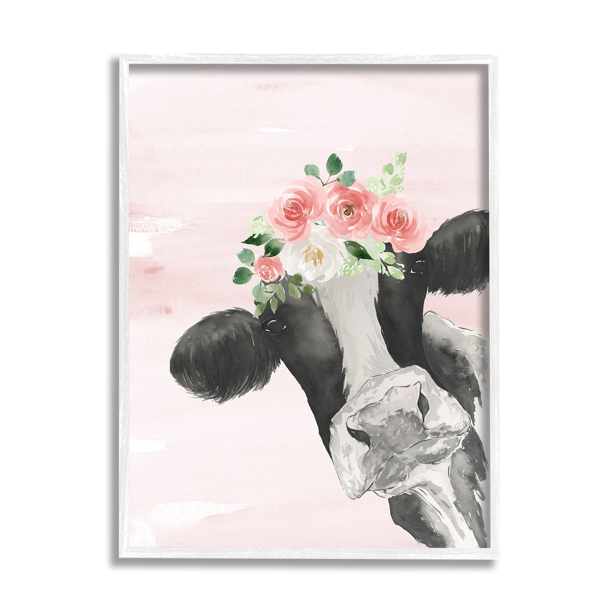 Stupell Industries Dairy Farm Cow Watercolor Portrait Pink Floral Crown, Design By Lucille Price White Framed Wall Art, 11 X 14
