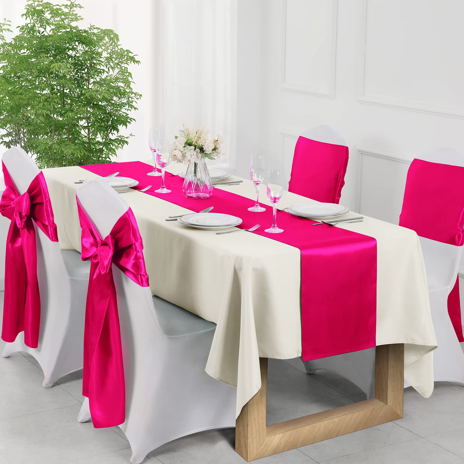 Manyshofu 4Pcs Satin Hot Pink Table Runner - 12 x 72 Inch Long Size  Party Table Runner Decor Bright & Smooth Wedding Decorations Table Runner for Banquet Chef Birthday Buffet Dinner Graduations