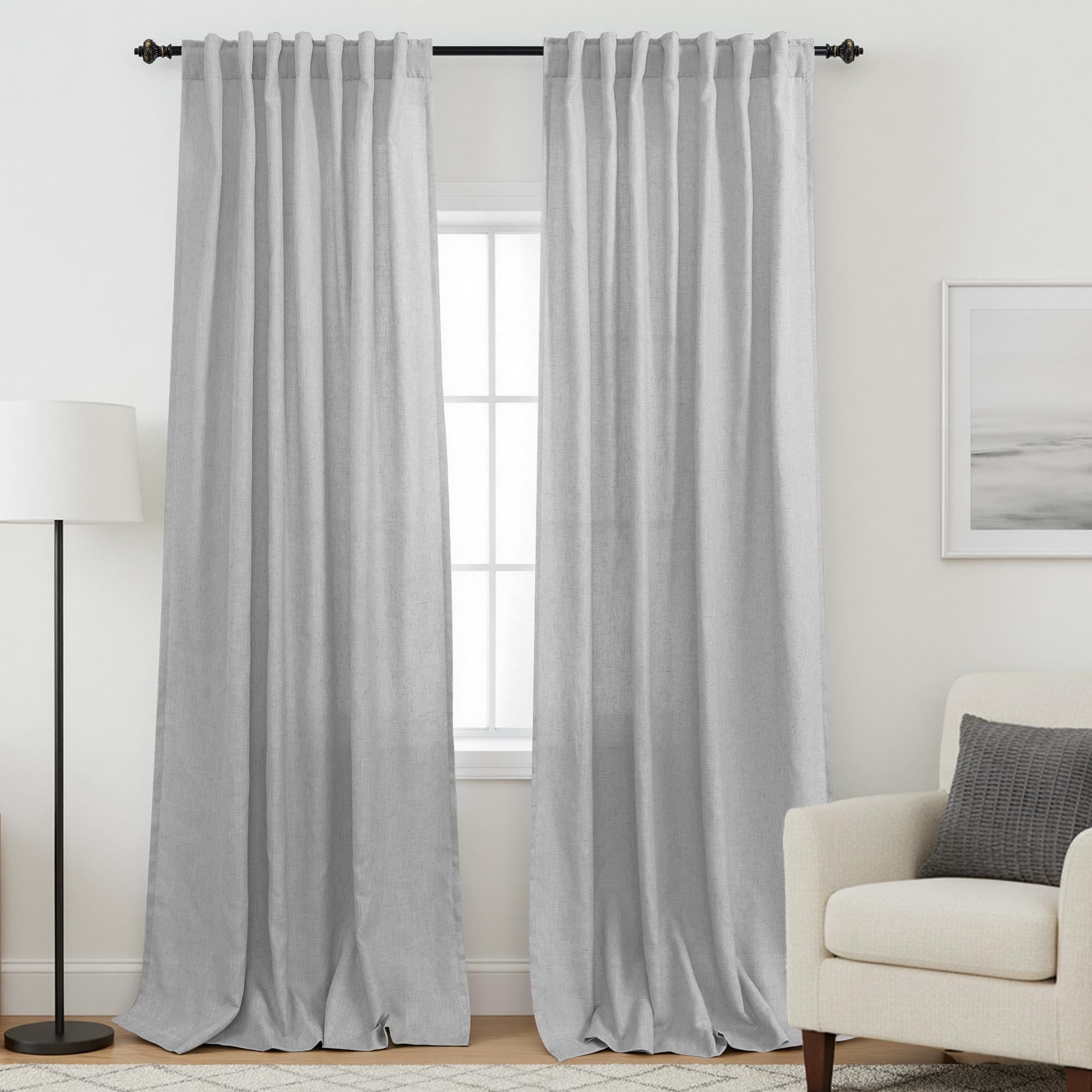 KOUFALL Floor to Ceiling Curtains 8 FT 8 FT Sheer Linen Gray Curtains for Living Room Bedroom 96 Inch Long 2 Panel Sets Light Grey-New Condition
