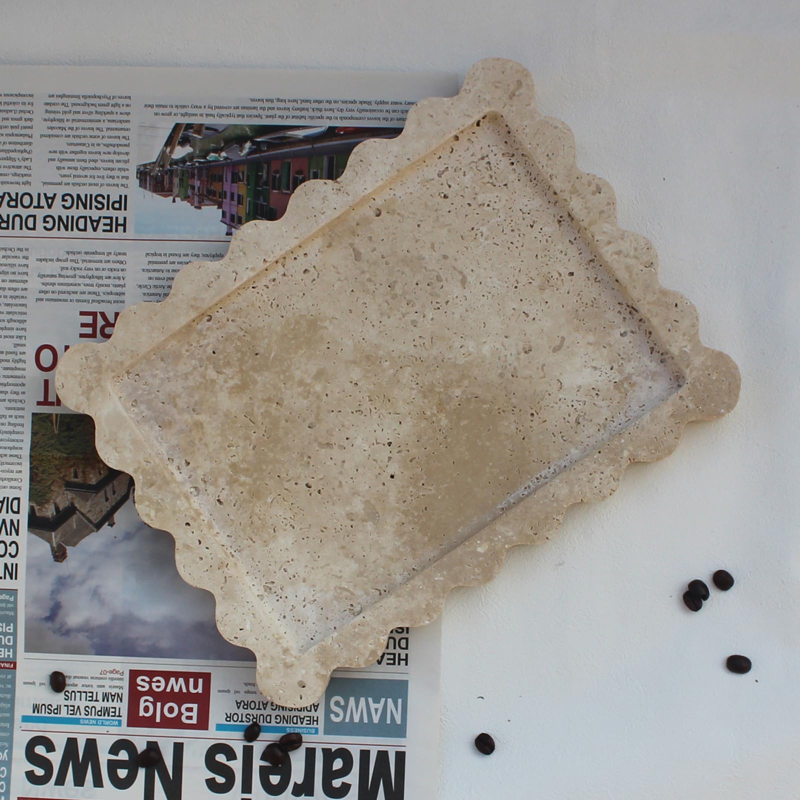 Natural Travertine Tray With Scalloped Edge, Rectangle Vanity Tray 10.8X8 For Bathroom Kitchen Counter, Decorative Tray For Dres