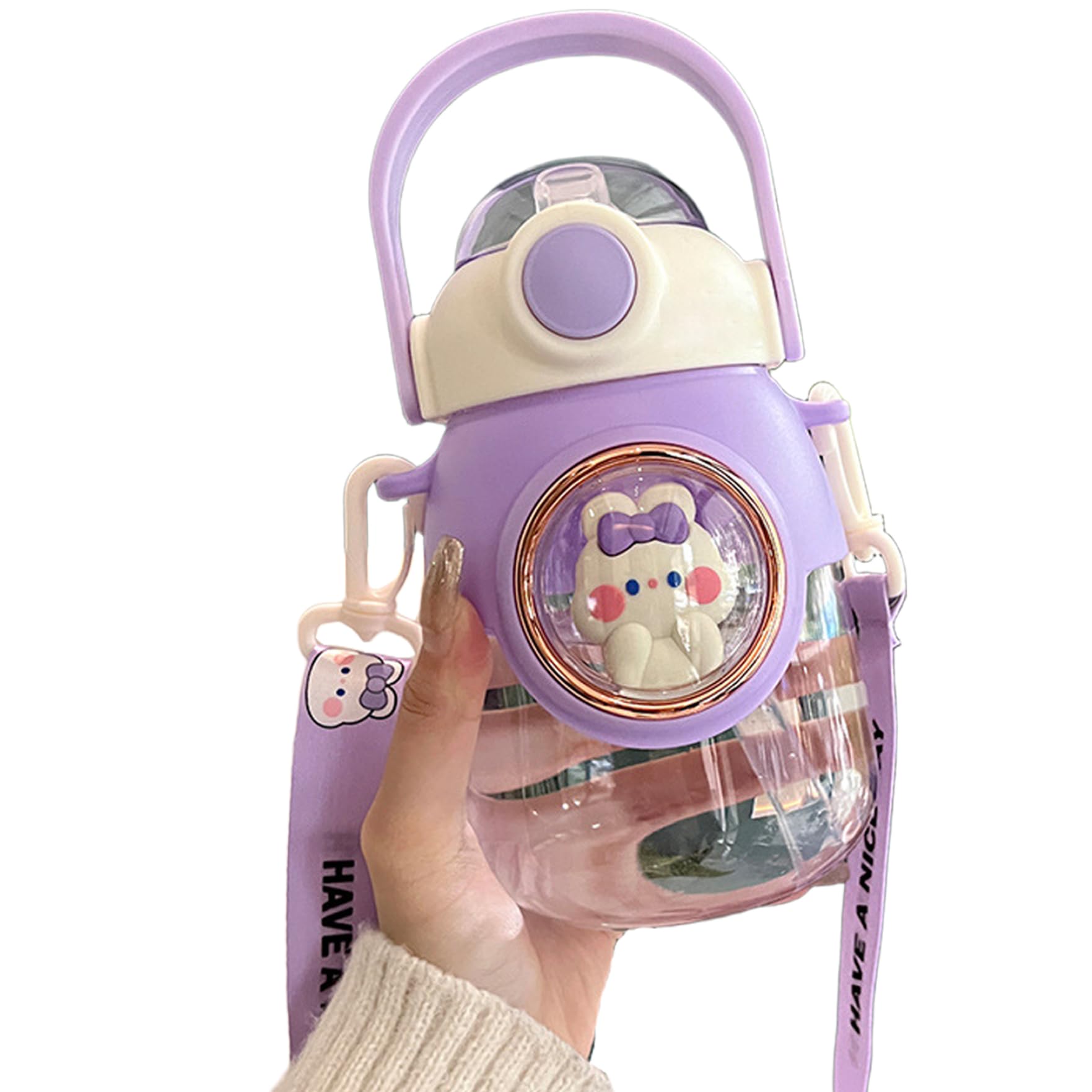 Cndiyald Kawaii Water Bottle with Silicone Straw, 820ml Portable Water Bottles with Adjustable Shoulder Strap, Leakproof Cartoon