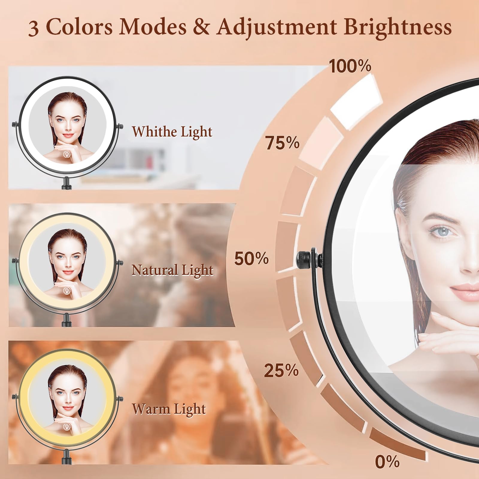 Rndecuck 8'' Lighted Makeup Mirror With Magnification 10X And 3 Color Light 2500Mah Rechargeable Height Adjustable 360 Rotation